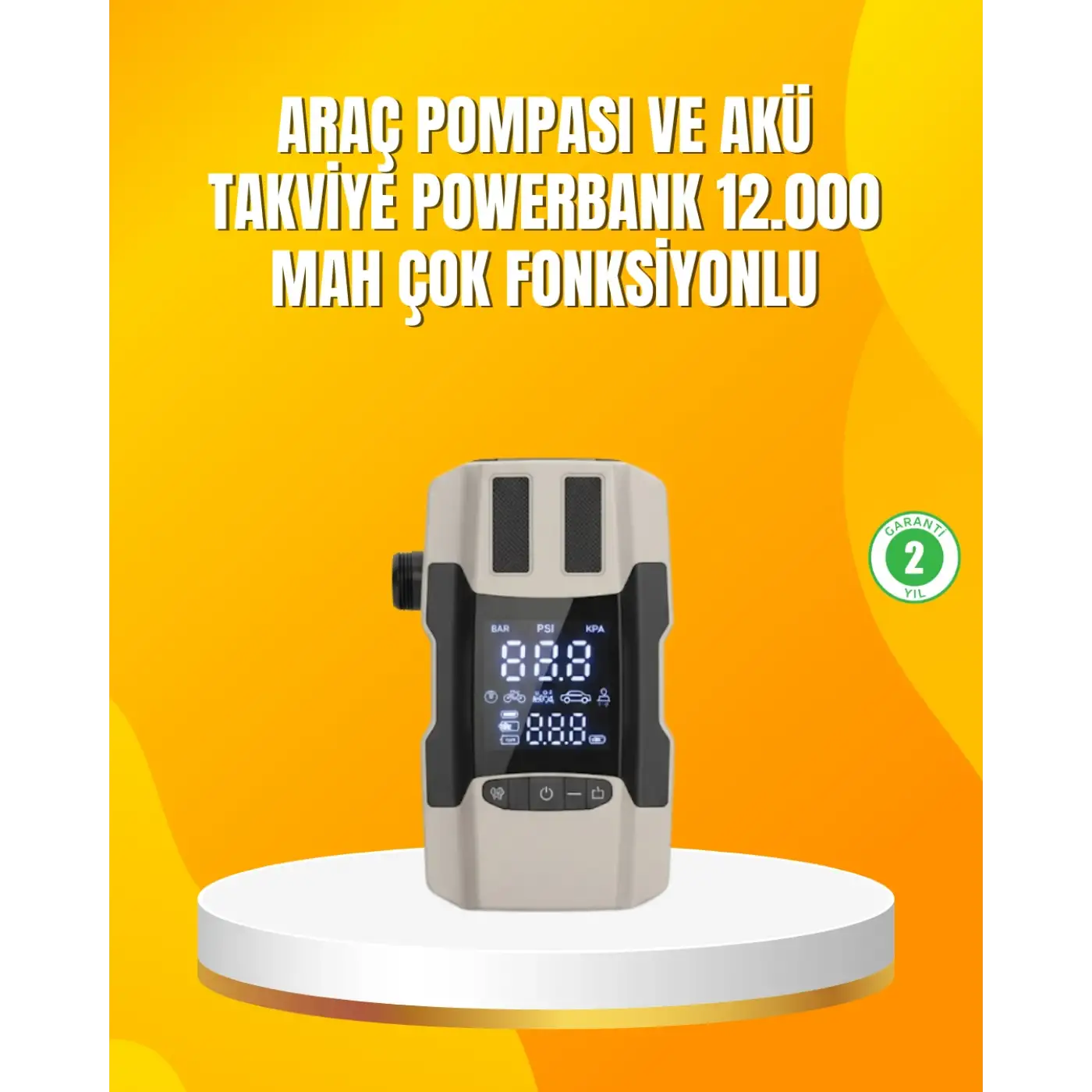 12.000 mAh Akü Takviye Powerbank Dahili Hava Pompalı Dijital Ekranlı