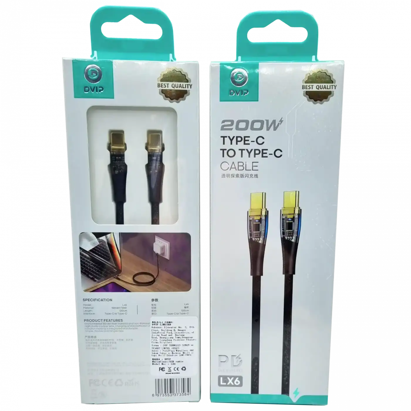 200W Type-c to Type-c Hasırlı Şarj Kablosu Dvıp LX6