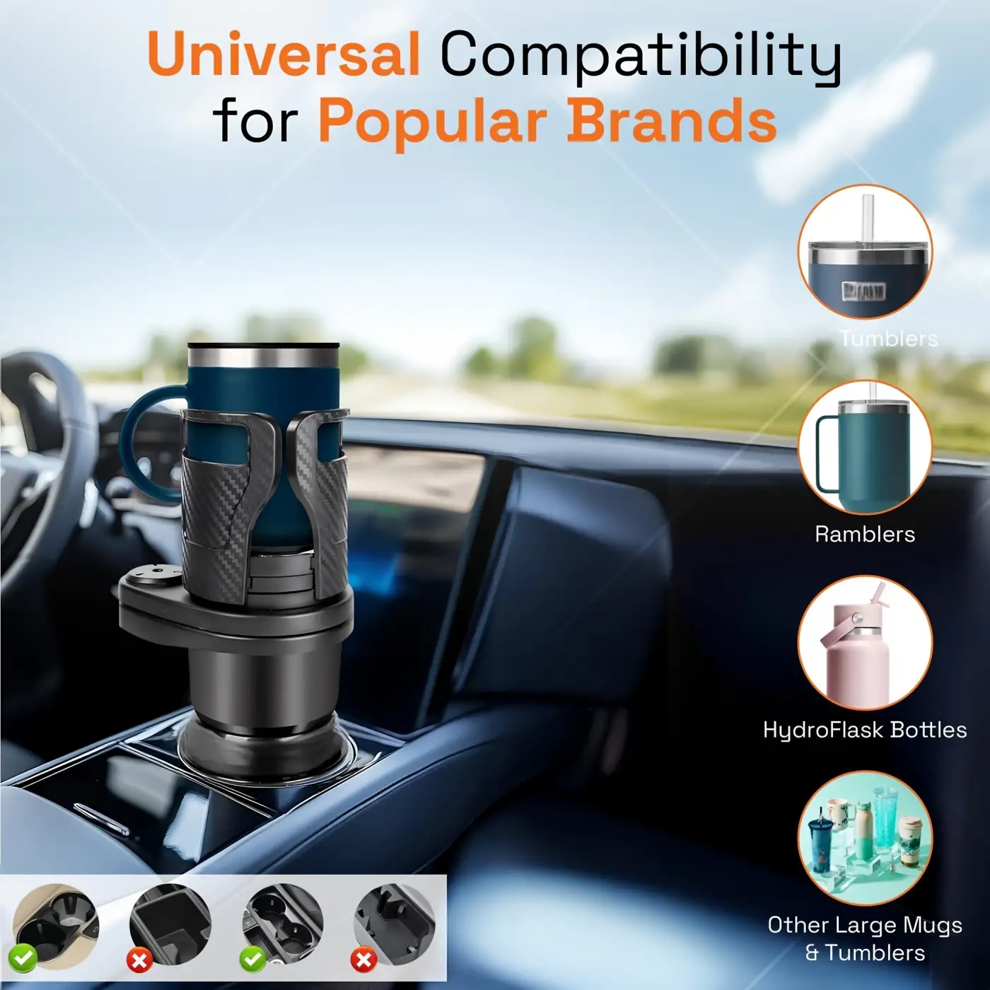 2’si 1 Arada Ayarlanabilir Araç Bardak Tutucu, Genişleyebilir Üst Kısım 3”-6.2”, Şişe Adaptörü, Araba Organizatörü, Dayanıklı Taban, Ramblers Hydroflask Uyumlu, Modern Araç Düzenleyic