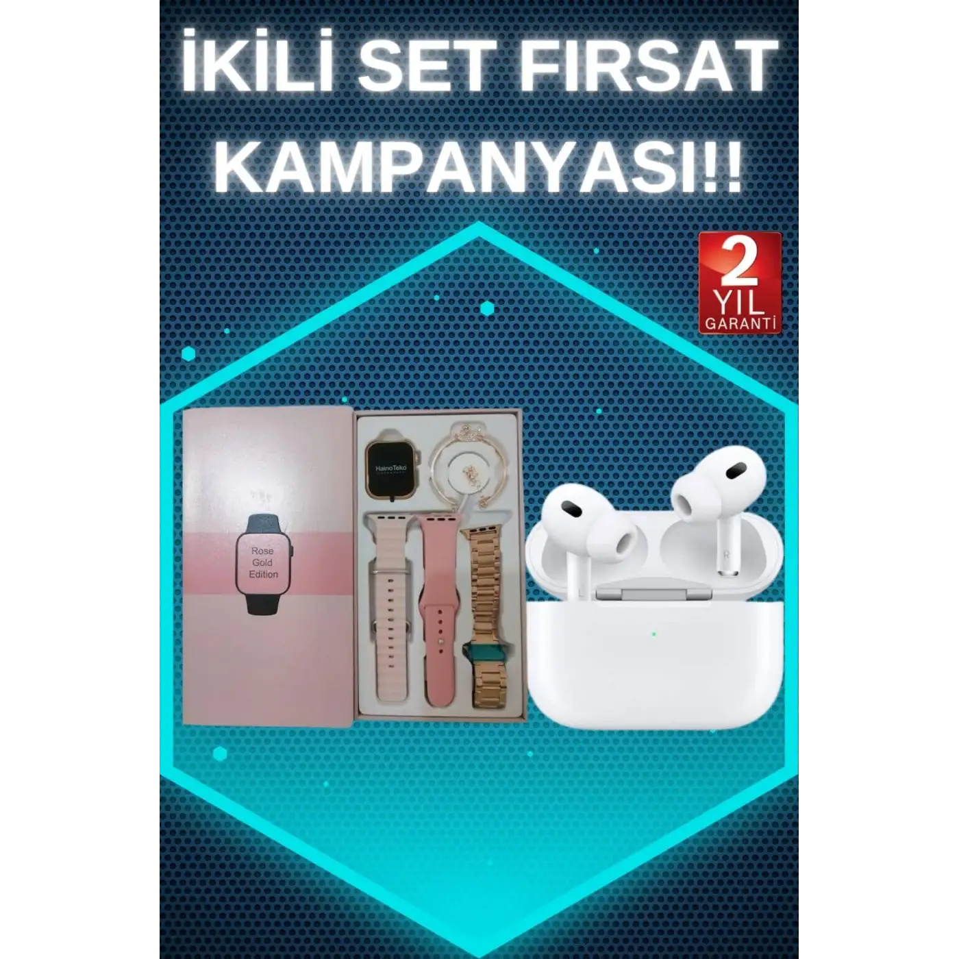 3 Kordonlu Pembe Amoled Ekran Akıllı Saat ve Yeni Nesil Pro Kablosuz Bluetooth Kulaklık ANC/ENC