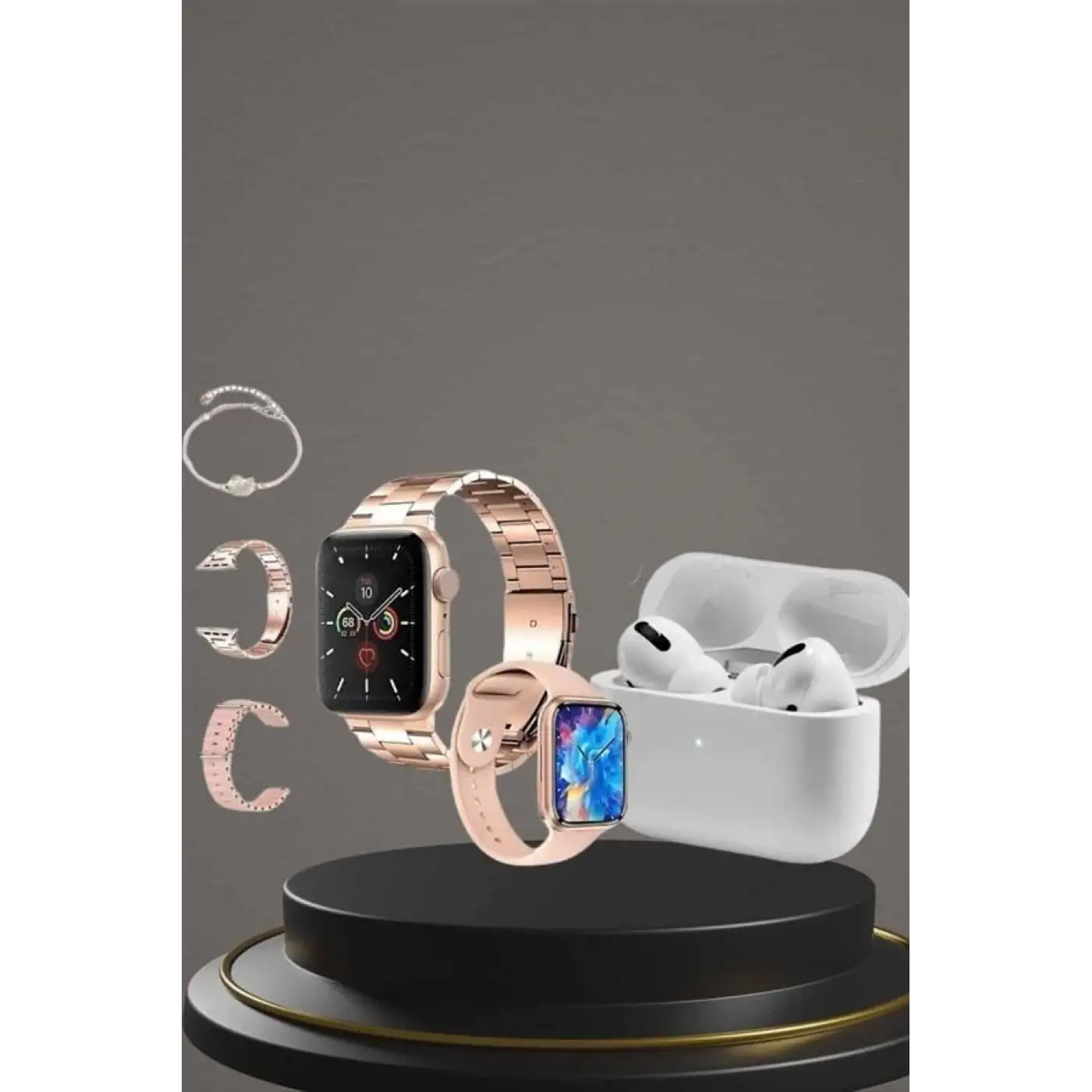 3 Kordonlu Pembe Amoled Ekran Akıllı Saat ve Yeni Nesil Pro Kablosuz Bluetooth Kulaklık ANC/ENC