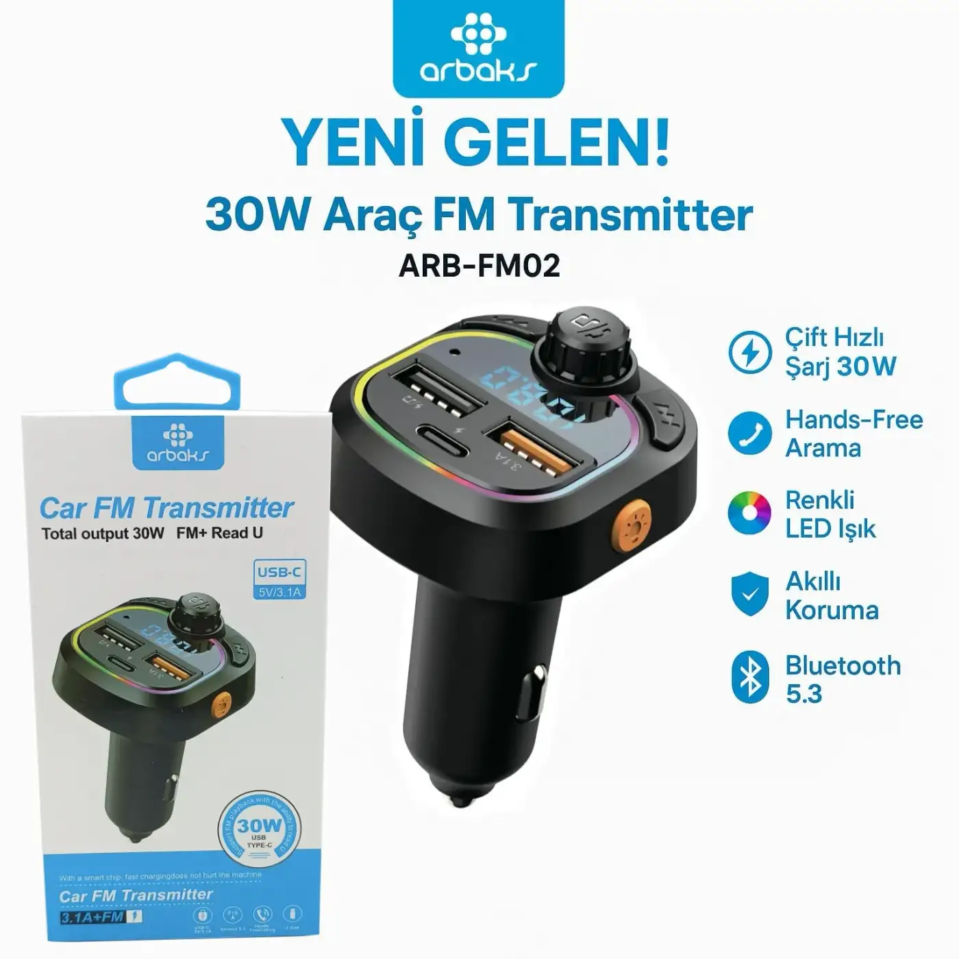 30W (PD + QC) Araç FM Transmitter Arbaks ARB-FM02