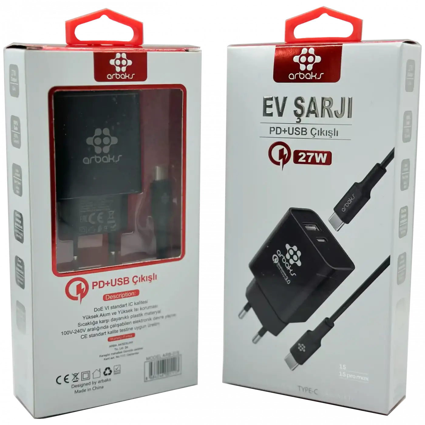 38W PD + USB + C-C Kablo Şarj Aleti Arbaks ARB-015-T