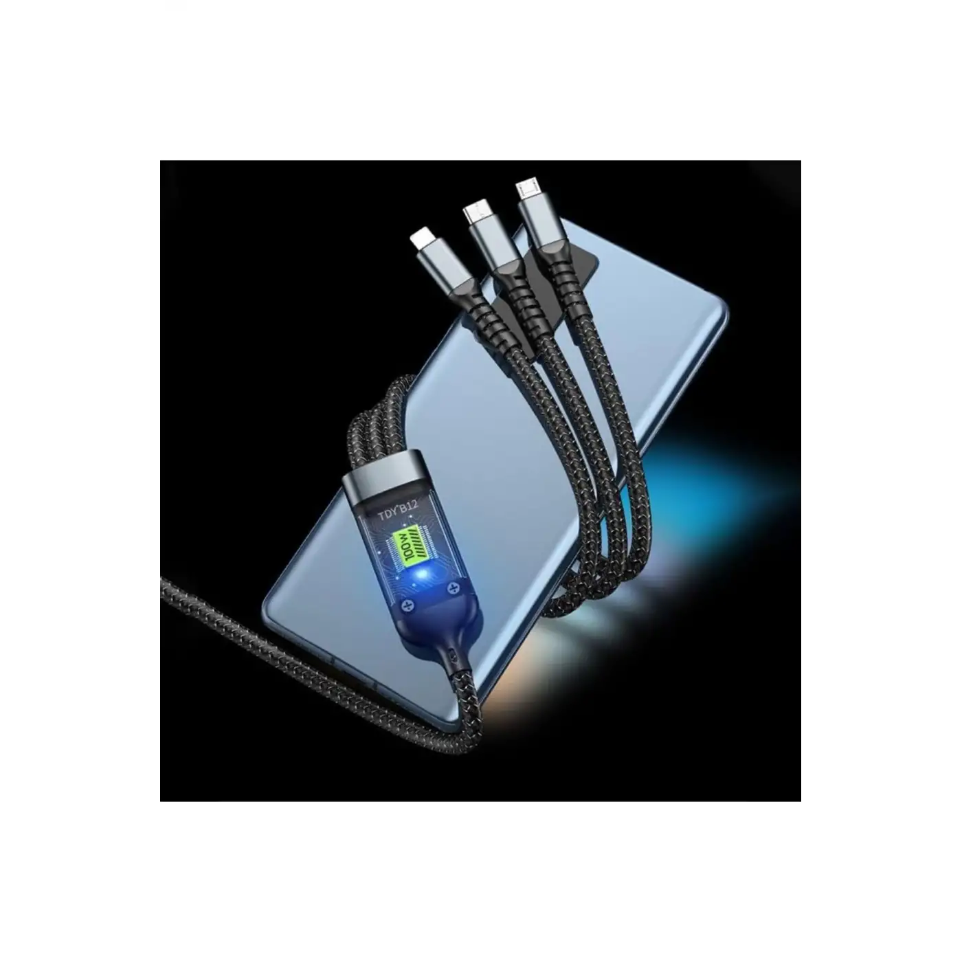 3in1 100W Hızlı Şarj ve Data Kablosu, 1.2m Halat Örgü Kırılmaz Uç, USB-C Lightning Micro Uyumlu, Dayanıklı Çoklu Cihaz Şarj Kablosu