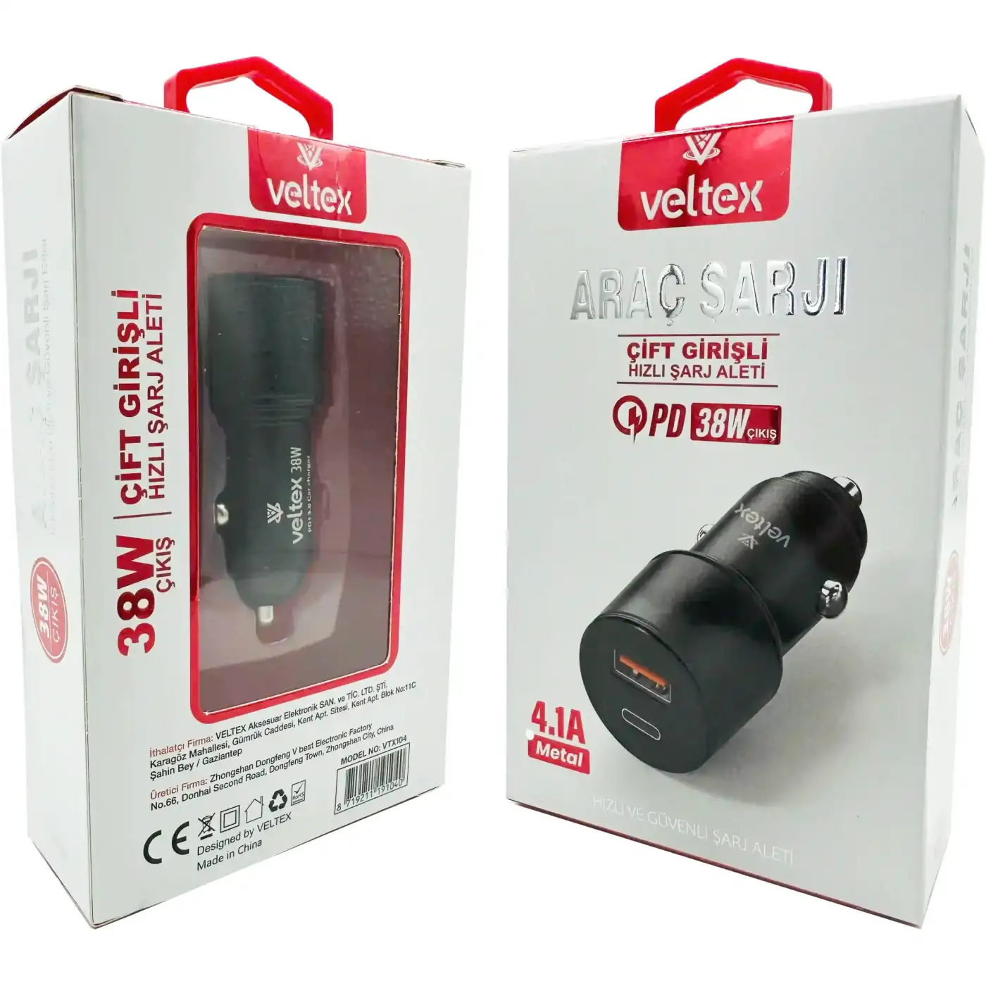 4.1A 38W PD + QC3.0 USB Hızlı Araç Şarj Metal Başlığı Veltex VTX-104