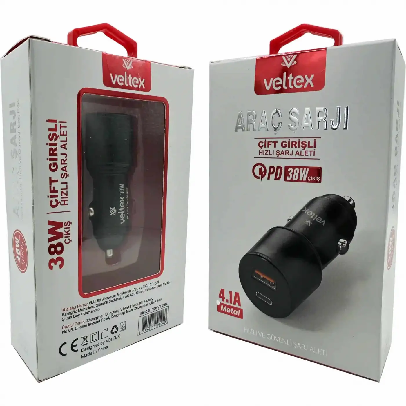 4.1A 38W PD + QC3.0 USB Hızlı Araç Şarj Metal Başlığı Veltex VTX-104