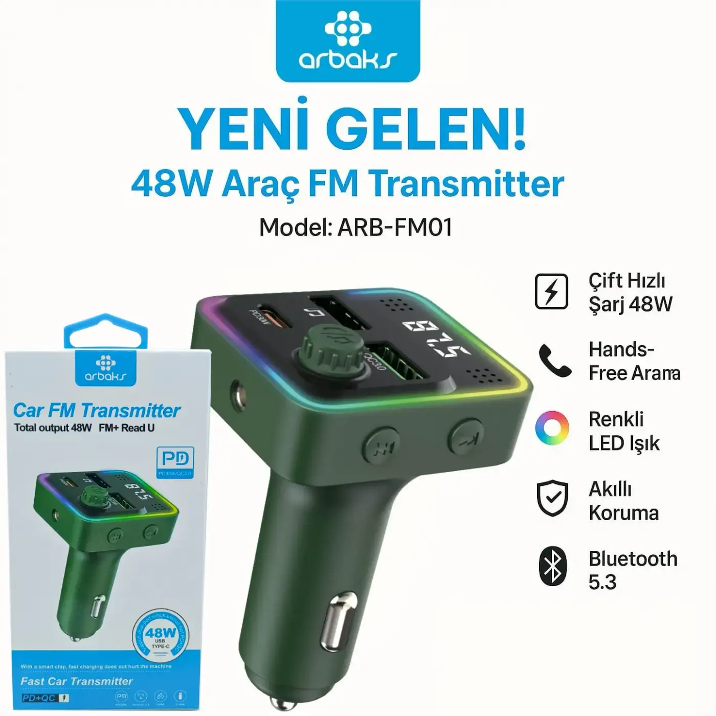 48W (PD + QC) Araç FM Transmitter Arbaks ARB-FM01
