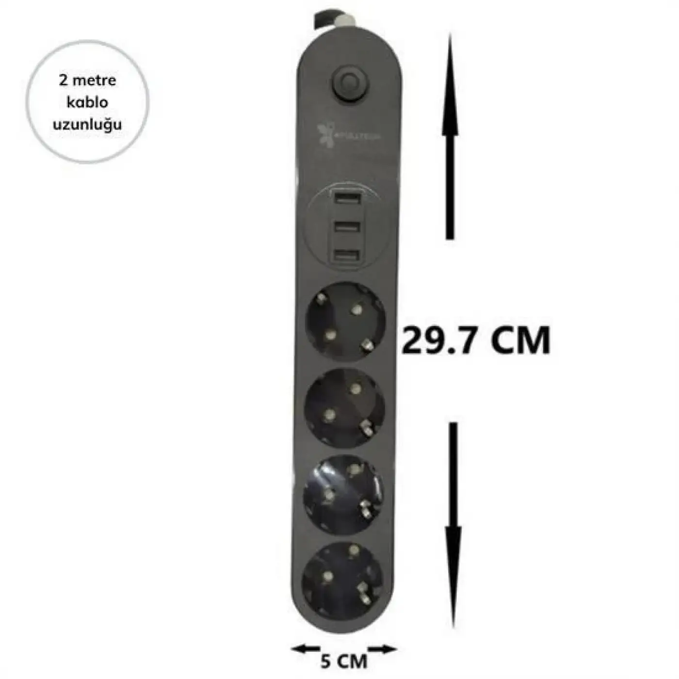 4lü Siyah Anahtarlı 3 Usb Li Akım Korumalı Topraklı Çocuk Korumalı Grup Priz 2 Metre