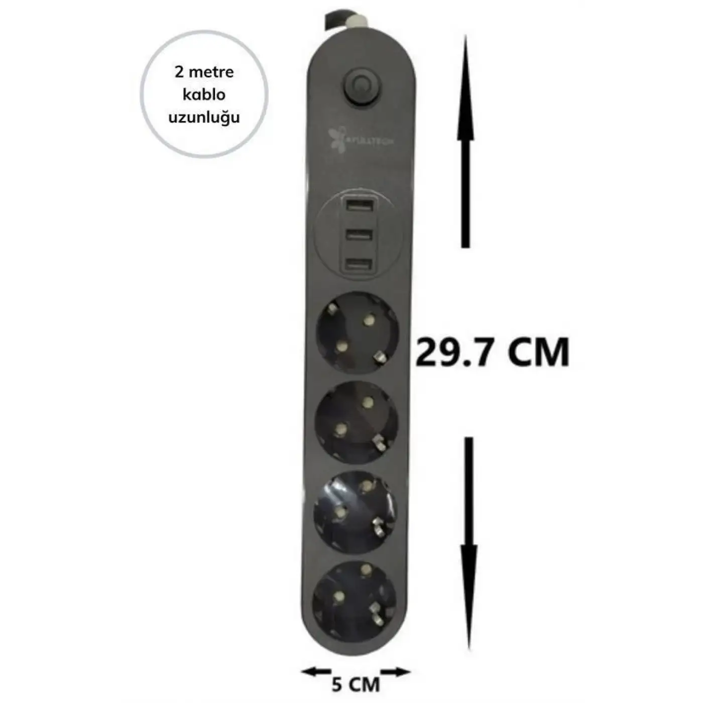 4lü Siyah Anahtarlı 3 Usb Li Akım Korumalı Topraklı Çocuk Korumalı Grup Priz 2 Metre