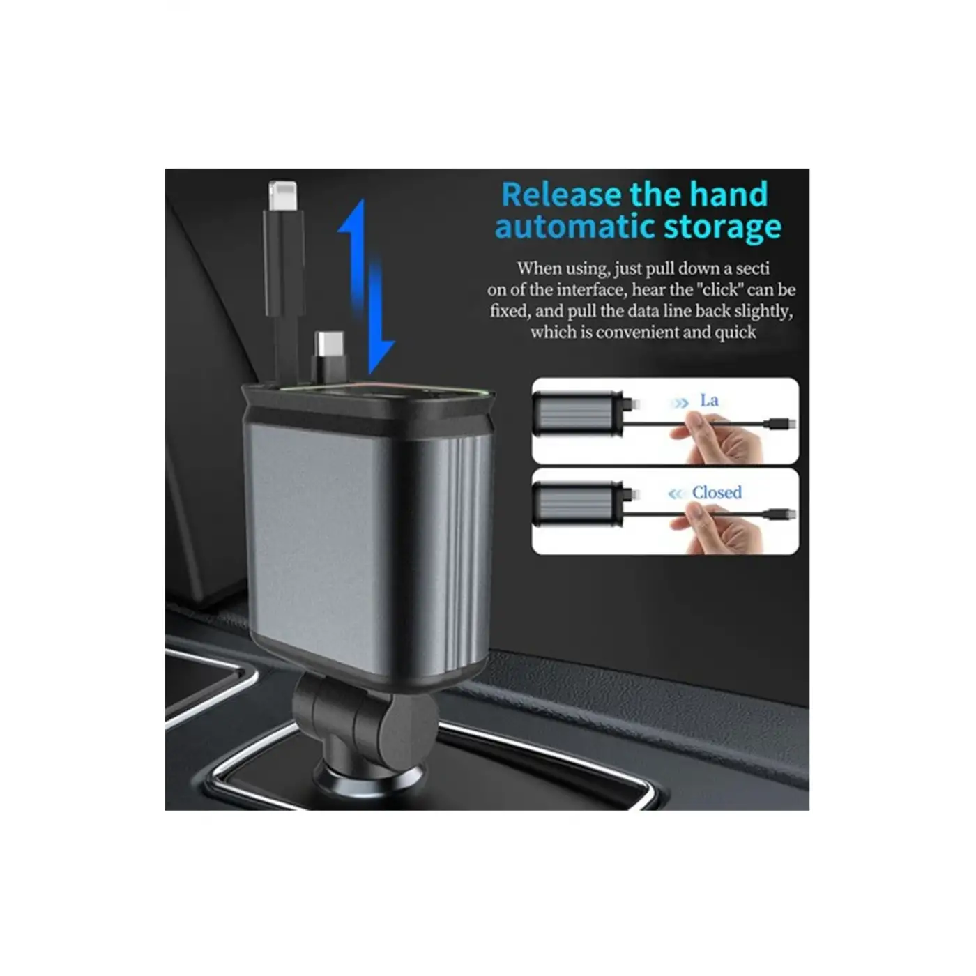 4’ü 1 Arada Çift Usb Bağlantı Çakmaklık, Type-c Hızlı Şarjlı 66w,geri Çekilebilir Araç Telefon Şarj Cihazı