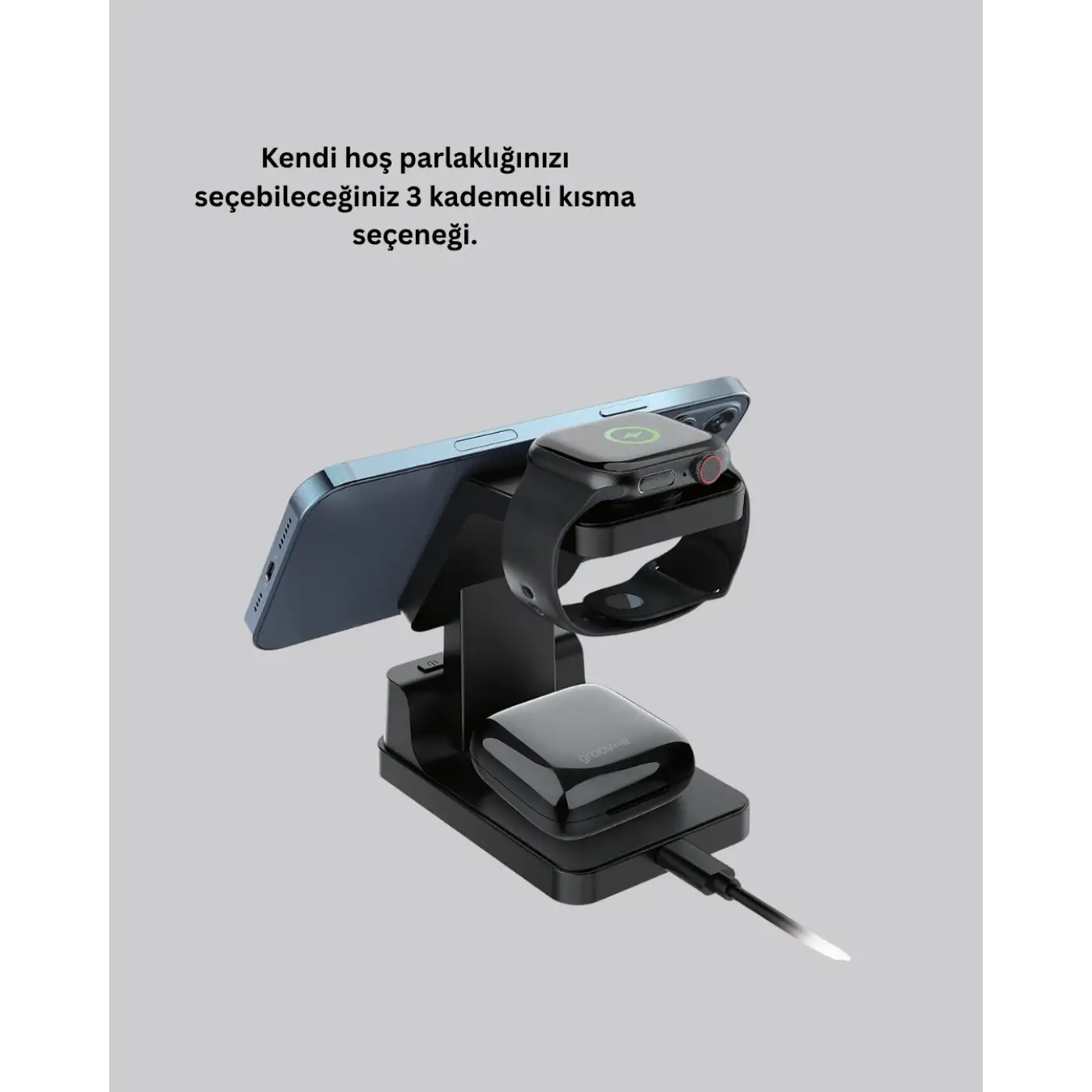 4’ü 1 Arada Kablosuz Şarj İstasyonu – LED Saat Ekranlı, Apple Uyumlu, Akıllı Güvenlik Koruması