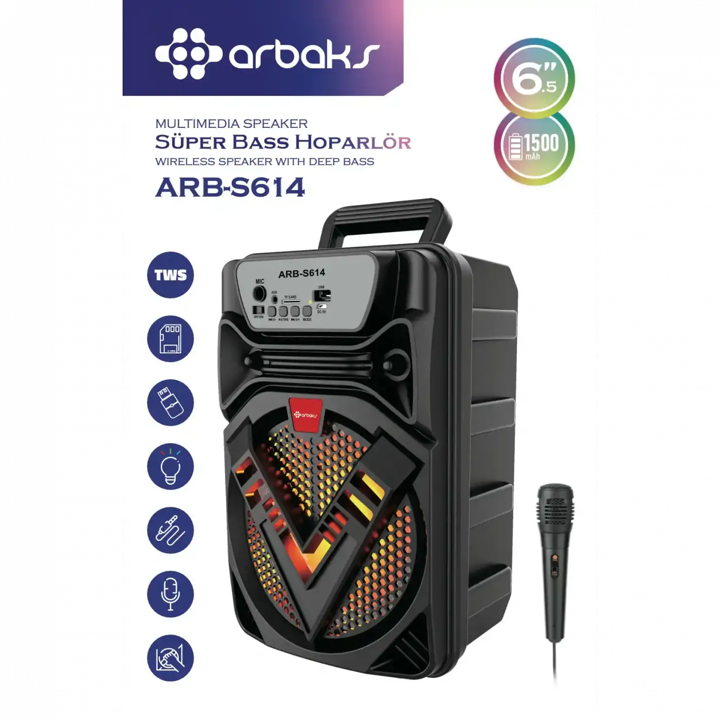 6.5 Inç Karaoke + Bluetooth Super Bass Höparlör Arbaks ARBS614