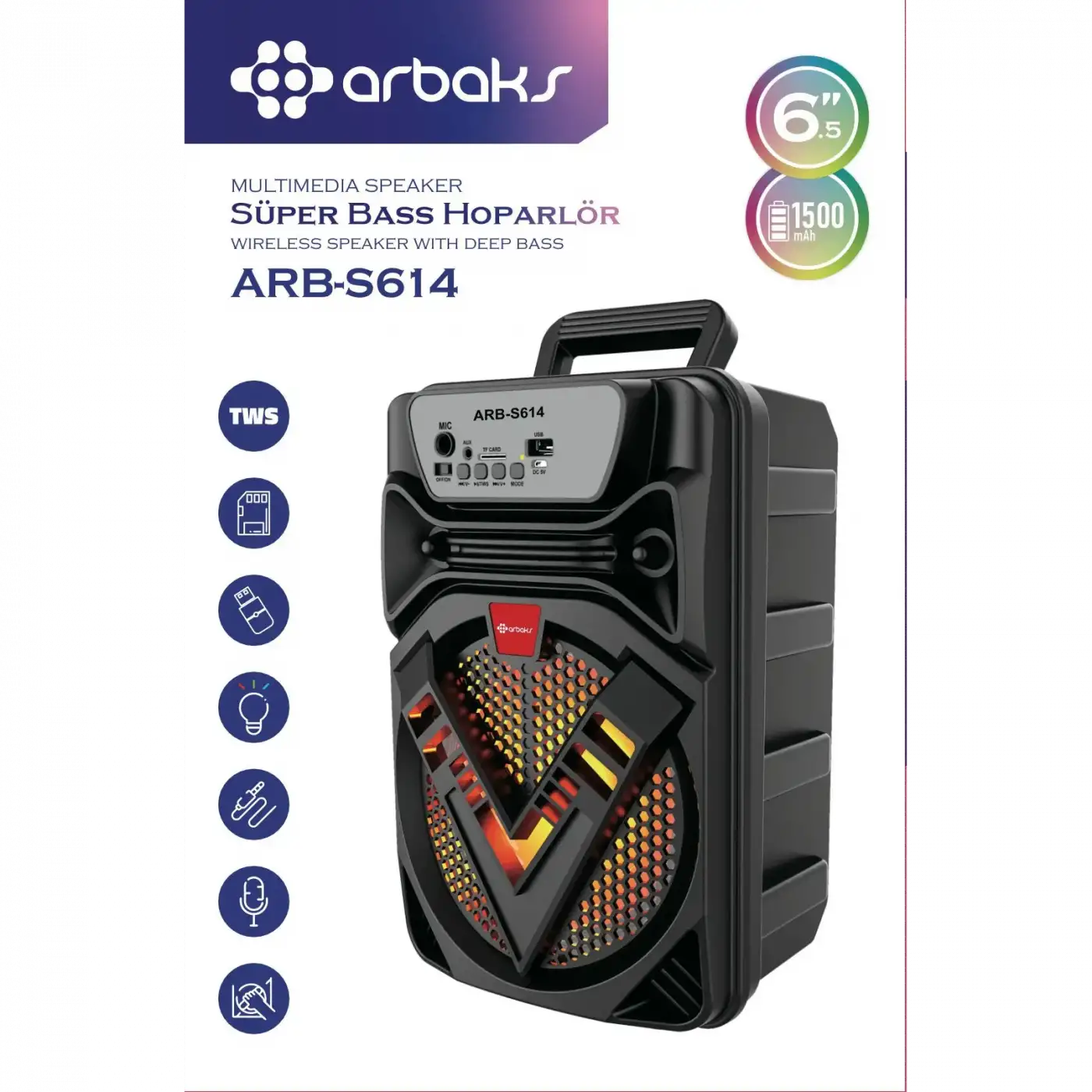 6.5 Inç Karaoke + Bluetooth Super Bass Höparlör Arbaks ARBS614