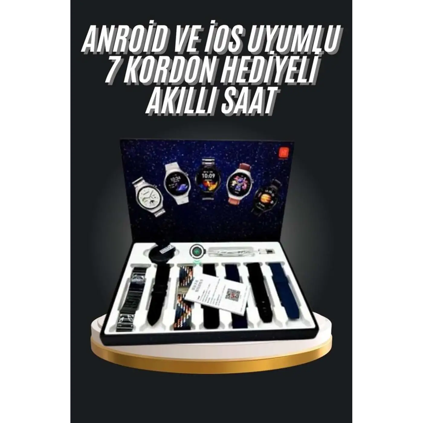 7 Kordonlu Akıllı Saat Siyah Kasa Dokunmatik Ekran Uyku ve Sağlık Takibi