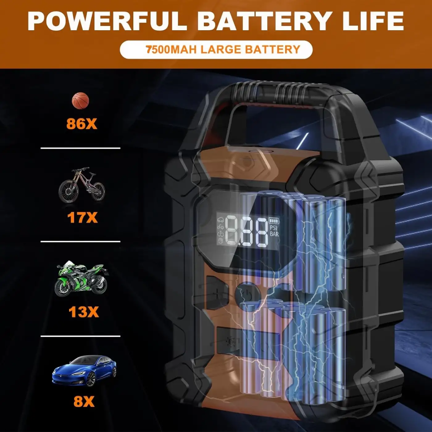 7500 mAh Taşınabilir Şarjlı Ekranlı Lastik Şişirme Pompası Hava Kompresörü