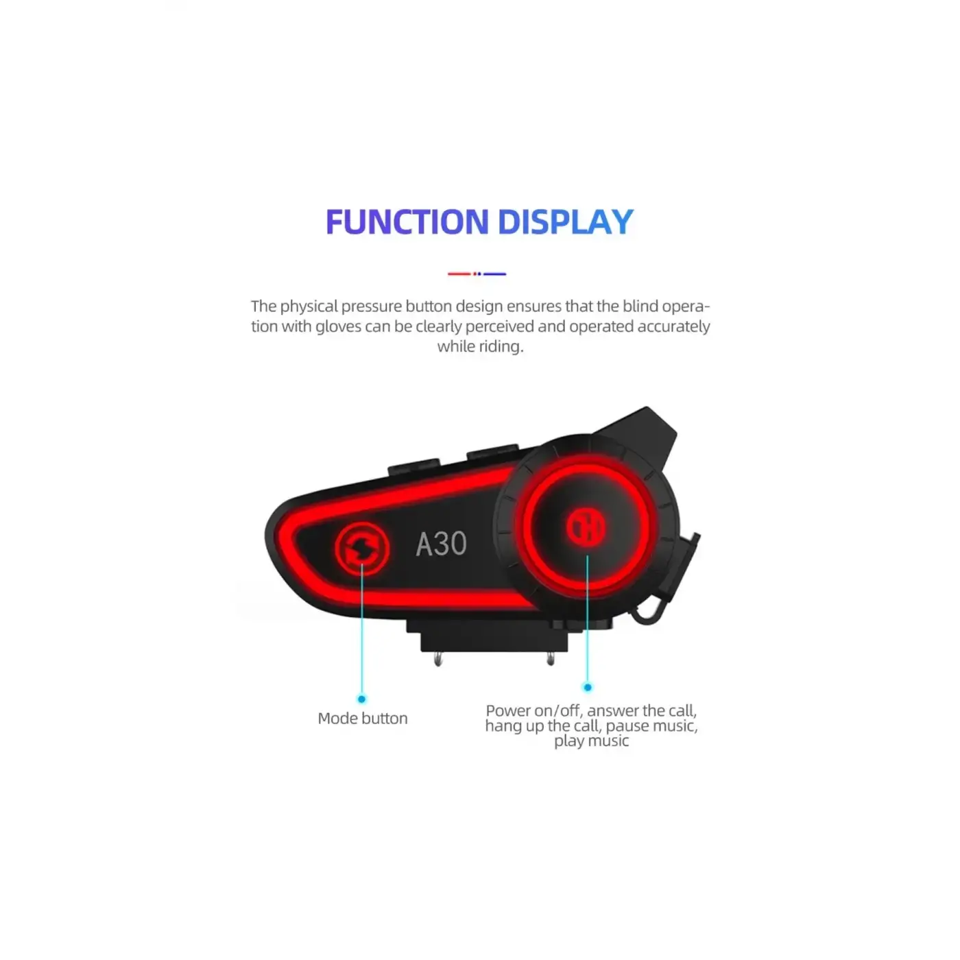 A30 Motosiklet Kask Kulaklık Intercom Işıklı 2 Eşleşme Özellikli