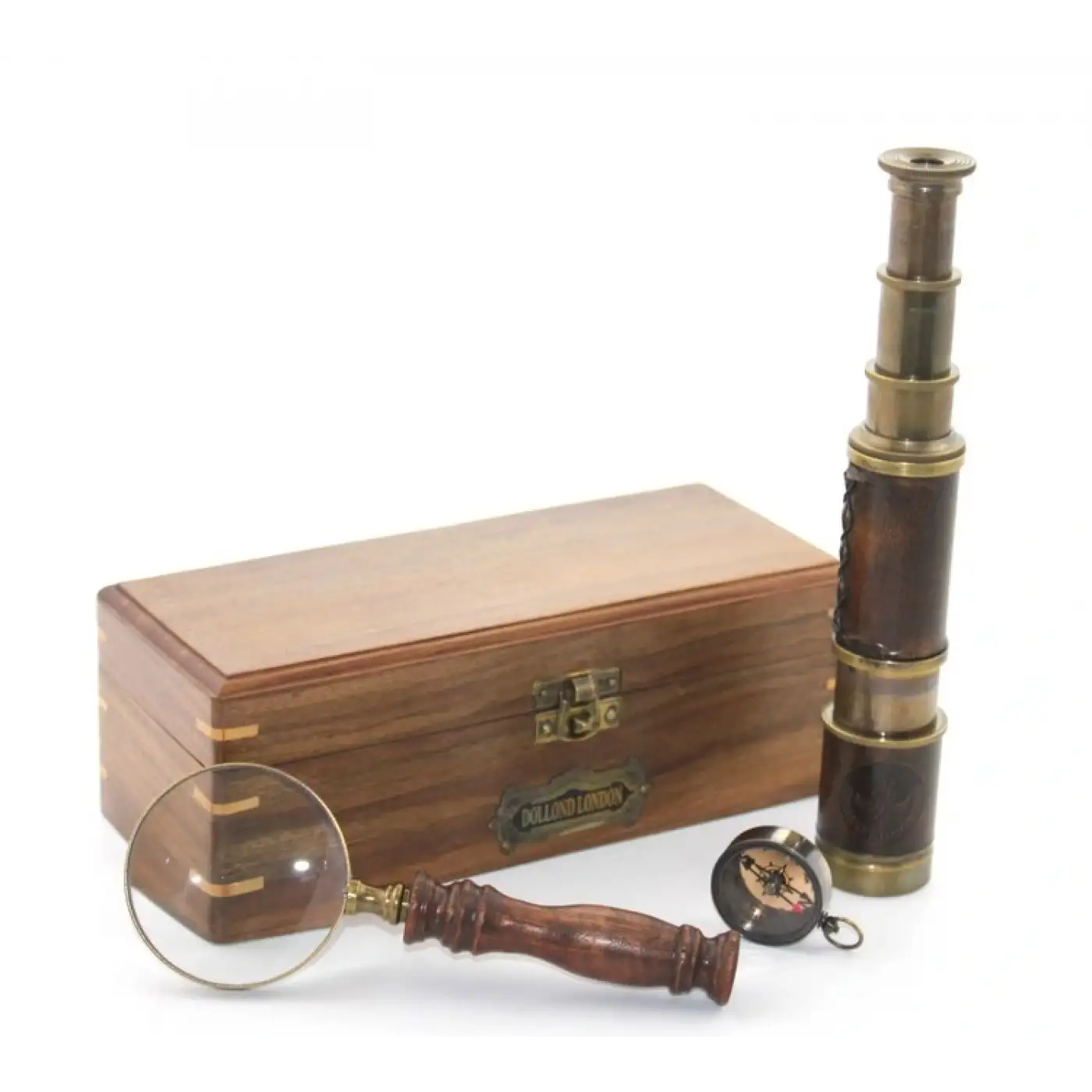 Ahşap Kutu Pirinç Pusula, Dürbün, Büyüteç, Seti Model 2