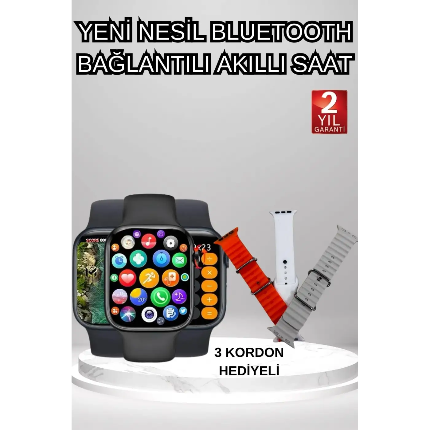 Akıllı Saat Arama Görüşme Bildirim Görme Uyku ve Sağlık Takibi Nabız Ölçer 3 Kordon Hediyeli