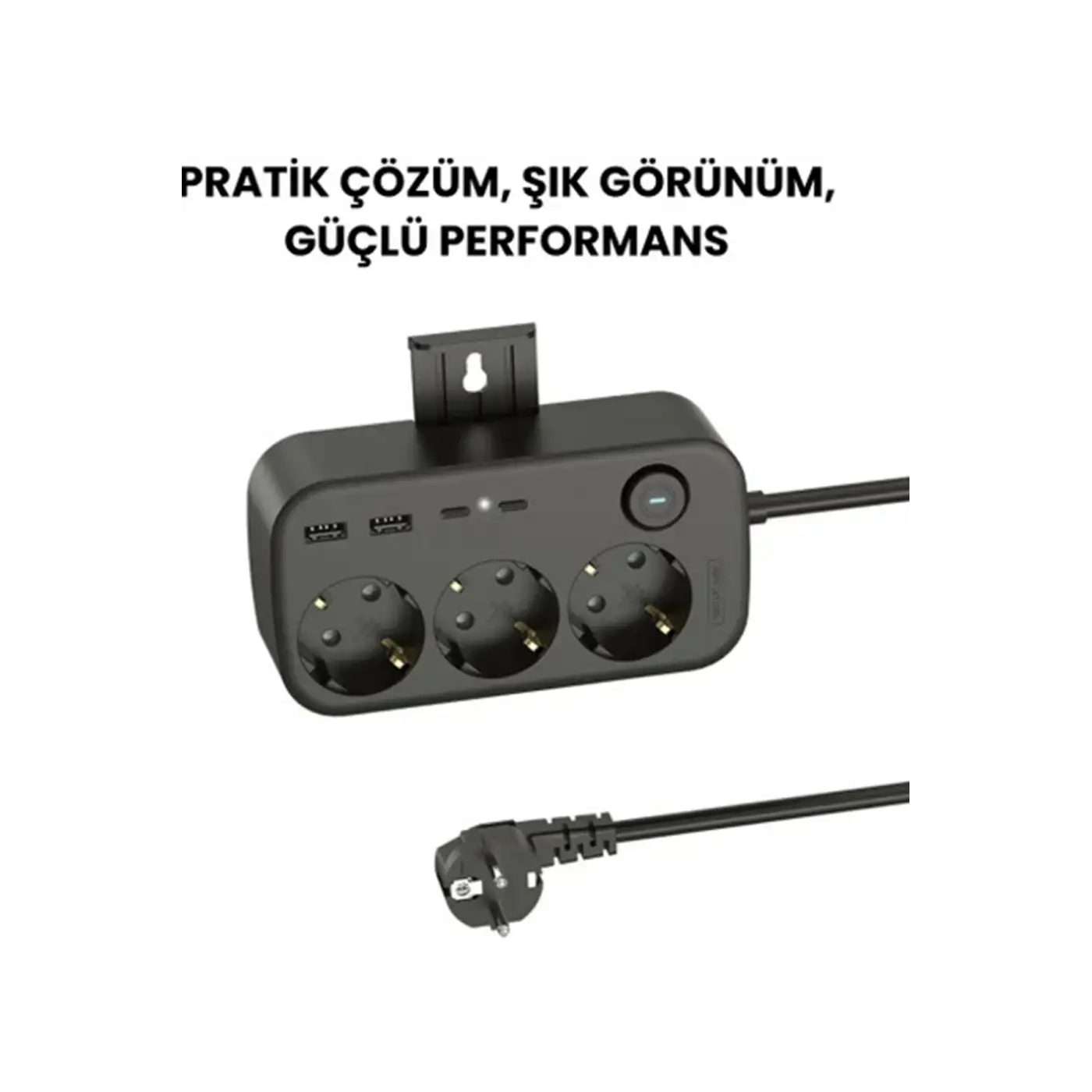 Akım Korumalı Priz 2 Usb + 2 Type-c Girişli 2 Metre Kablosu Anahtarlı Ve Duvara Monte Edilebilir