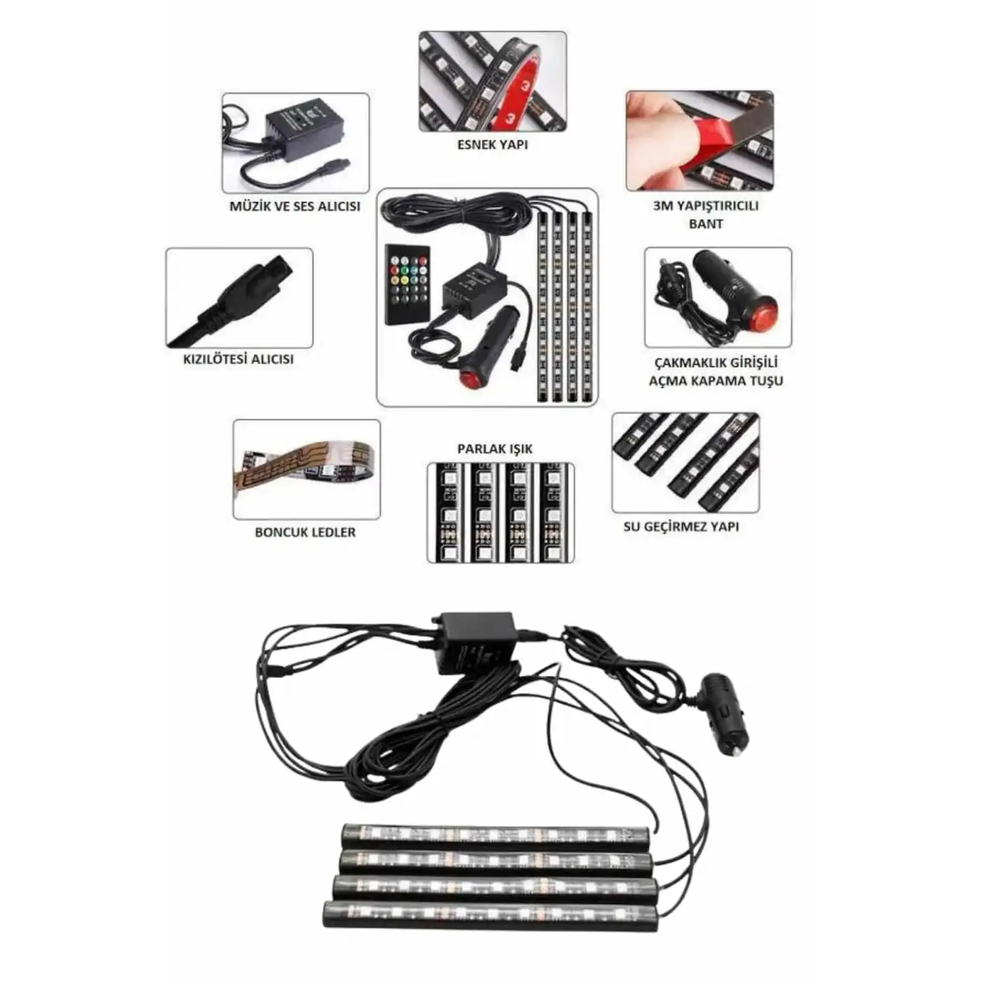 Araç İçi Ayak Altı Led 12 Led Işık Sese Müziğe Duyarlı RGB Işıklı Aydınlatma Seti