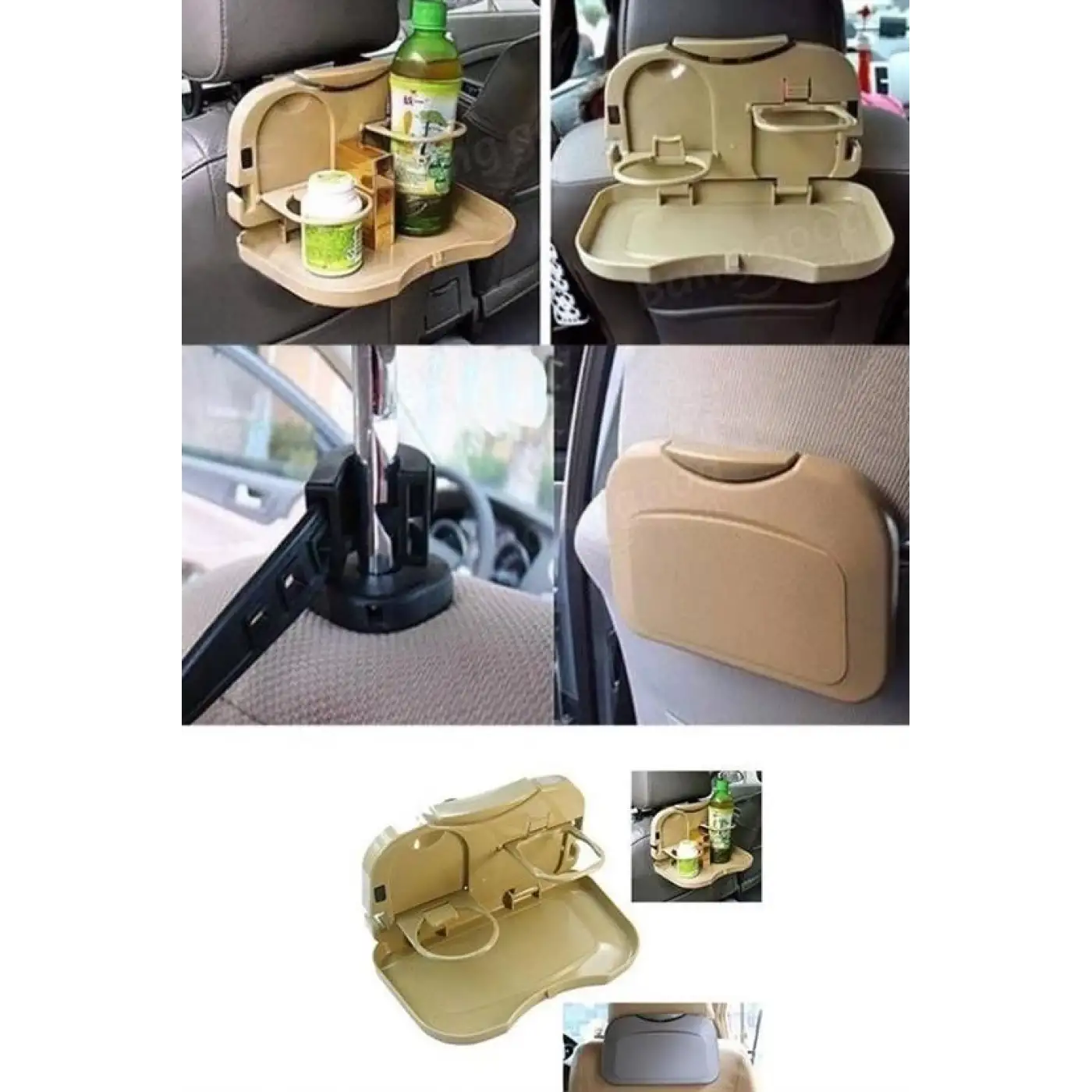 Araç İçi Koltuk Arkası Katlanabilir Bardak Tutuculu Bej Tepsi