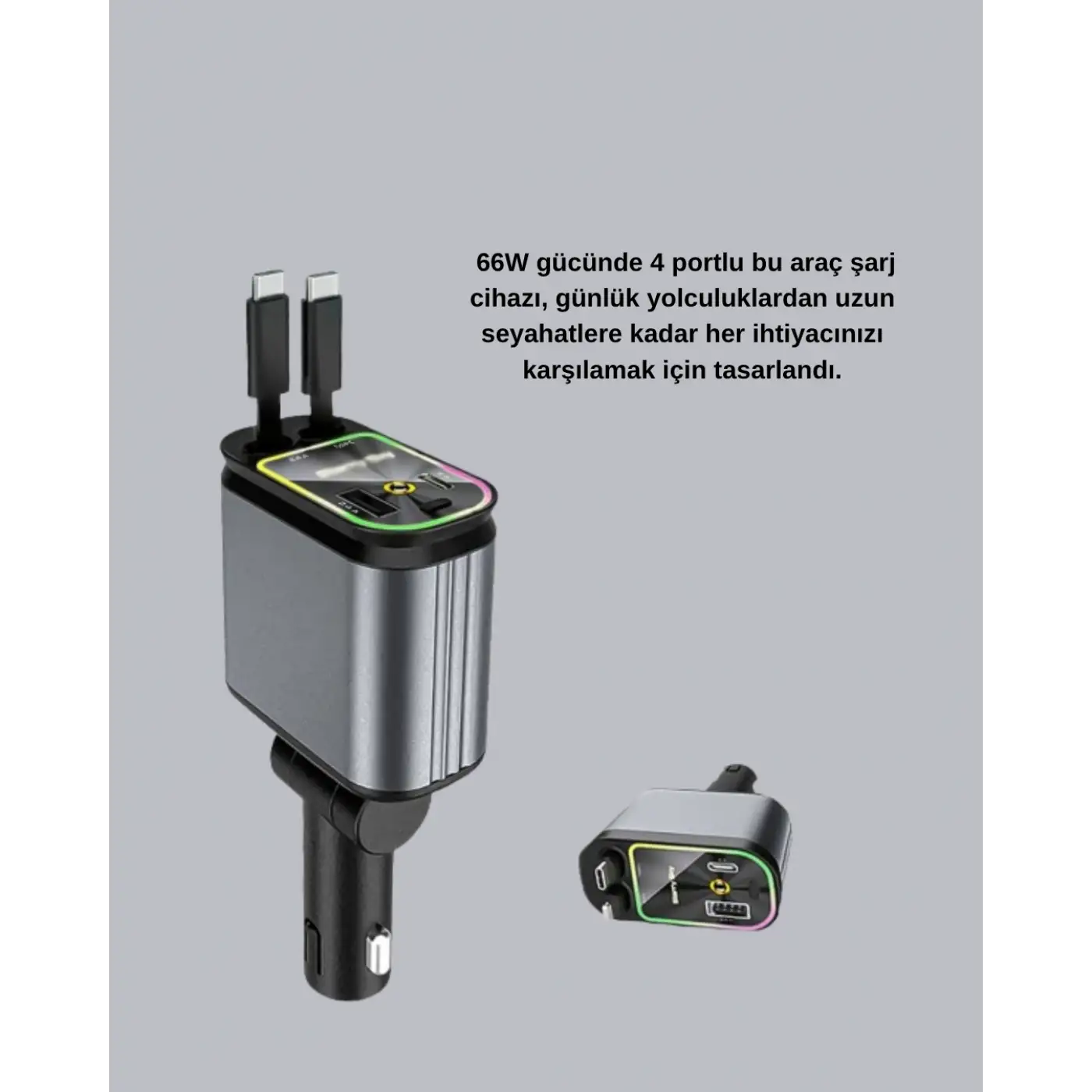 Araç Şarj Adaptörü 66W PD QC Hızlı Şarjlı ve Çekilebilir Kablolu