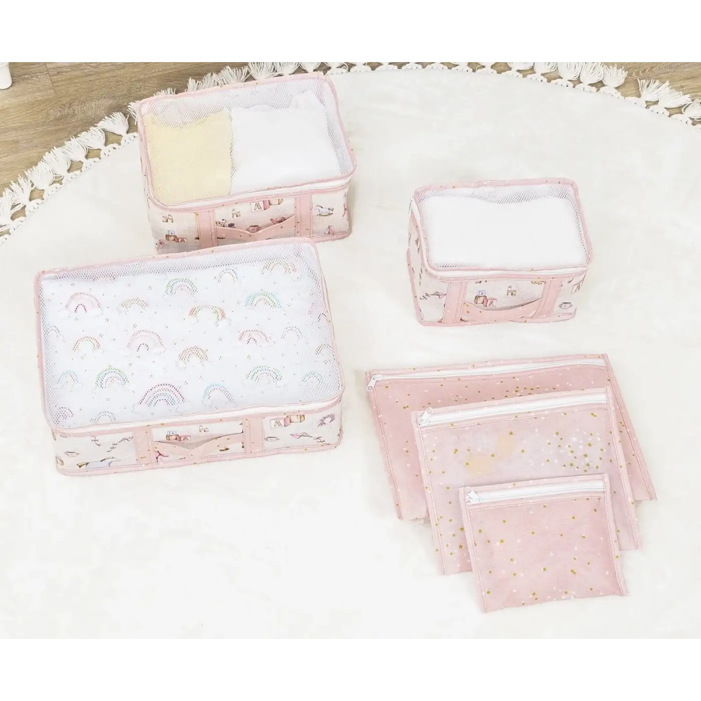 Baby 6lı Desenli Fileli Bavul Valiz İçi Düzenleyici Çok Amaçlı Organizer (pembe)