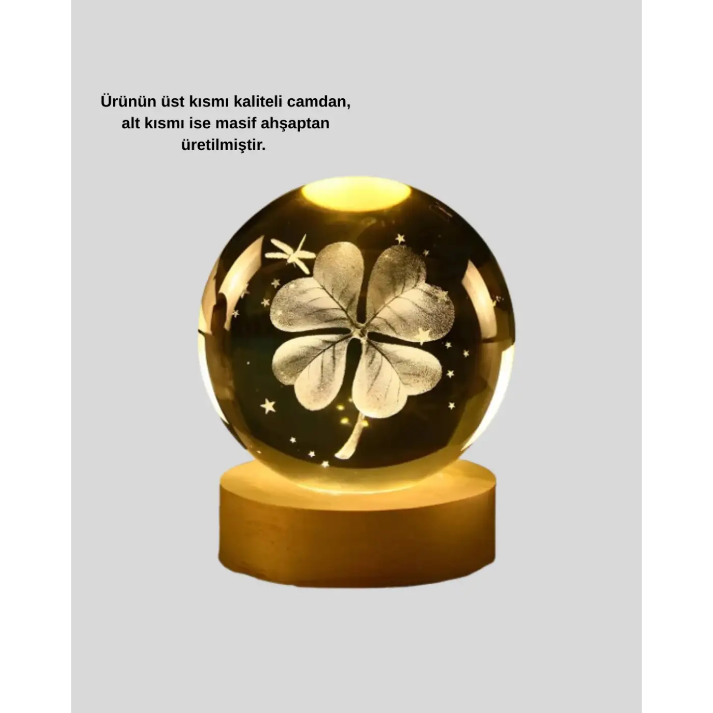 Bitki Temalı LED Işıklı Cam Küre Ahşap Standlı Modern Gece Lambası