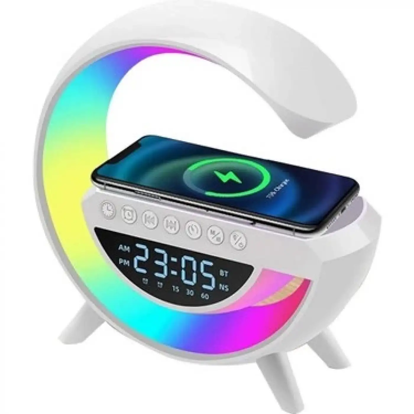 BT-3401 Kablosuz Şarj Standı Rgb Ledli Dijital Saatli Alarmlı Radyolu Bluetooth Hoparlör