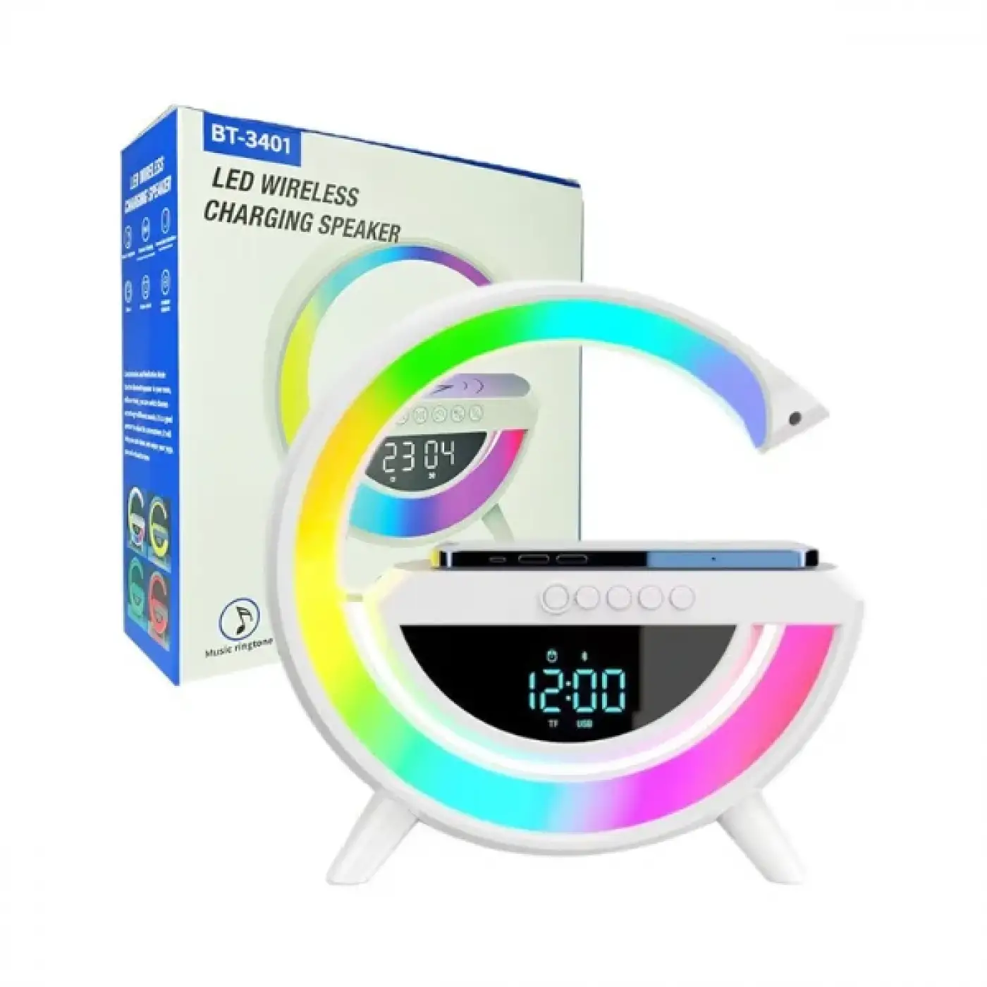 BT-3401 Kablosuz Şarj Standı Rgb Ledli Dijital Saatli Alarmlı Radyolu Bluetooth Hoparlör