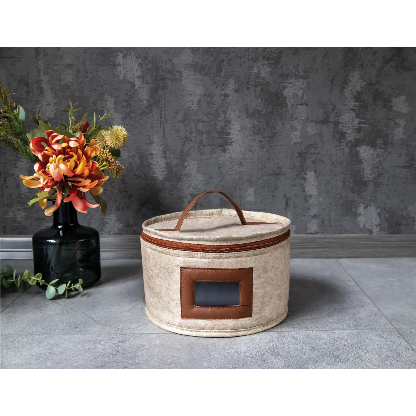 Deri Şeritli Pencereli Yuvarlak Çok Amaçlı Düzenleyici Organizer Kutu Keçe Çanta (mini)