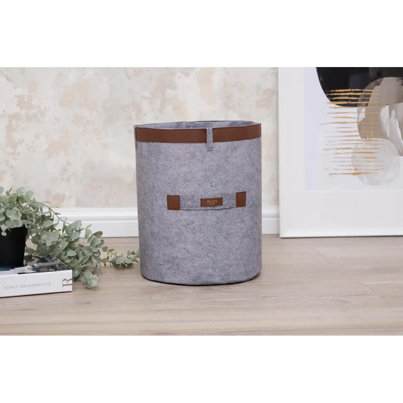 Deri Şeritli Yuvarlak Çok Amaçlı Düzenleyici Organizer Kutu Keçe Sepet (mega) 03877