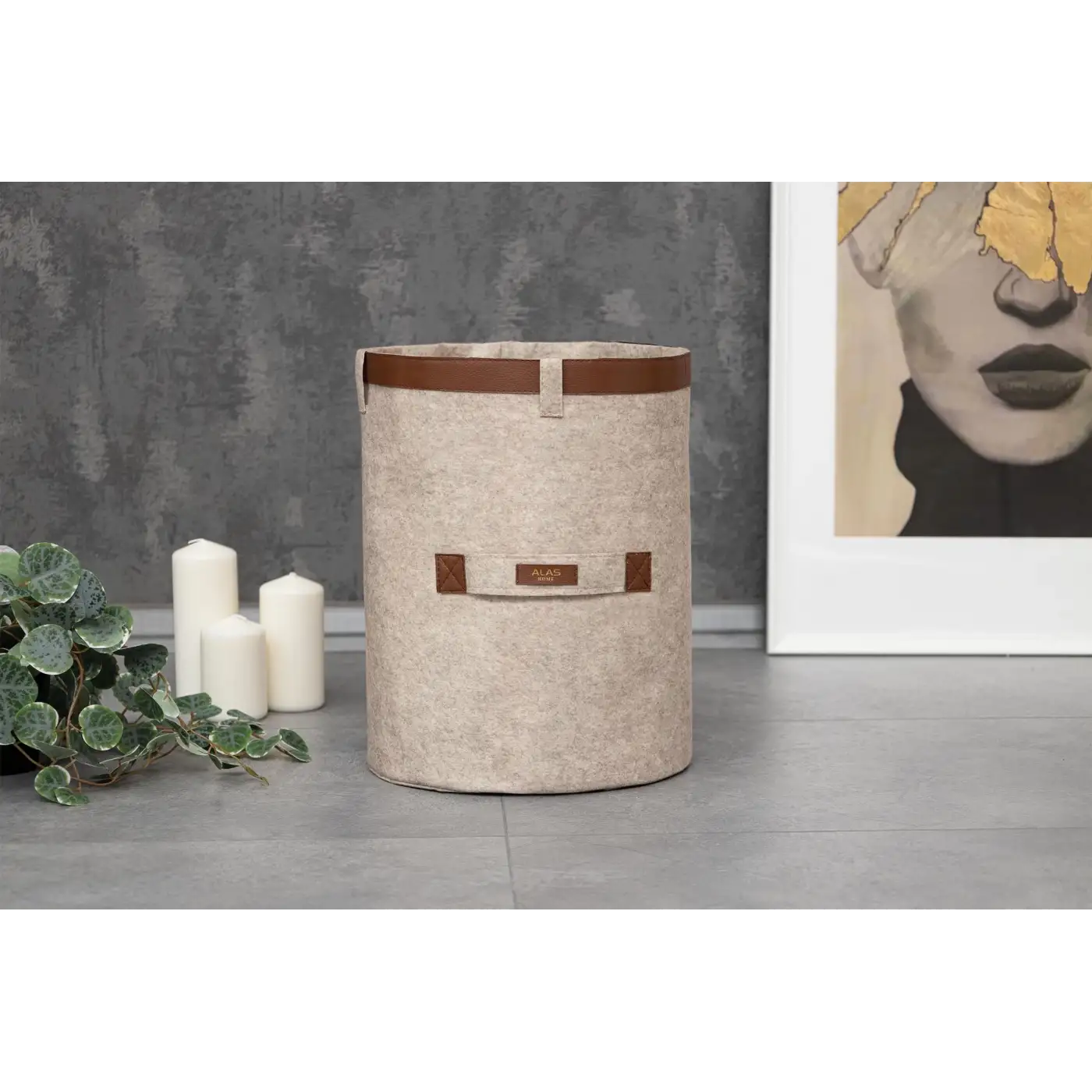 Deri Şeritli Yuvarlak Çok Amaçlı Düzenleyici Organizer Kutu Keçe Sepet (mega) 03877