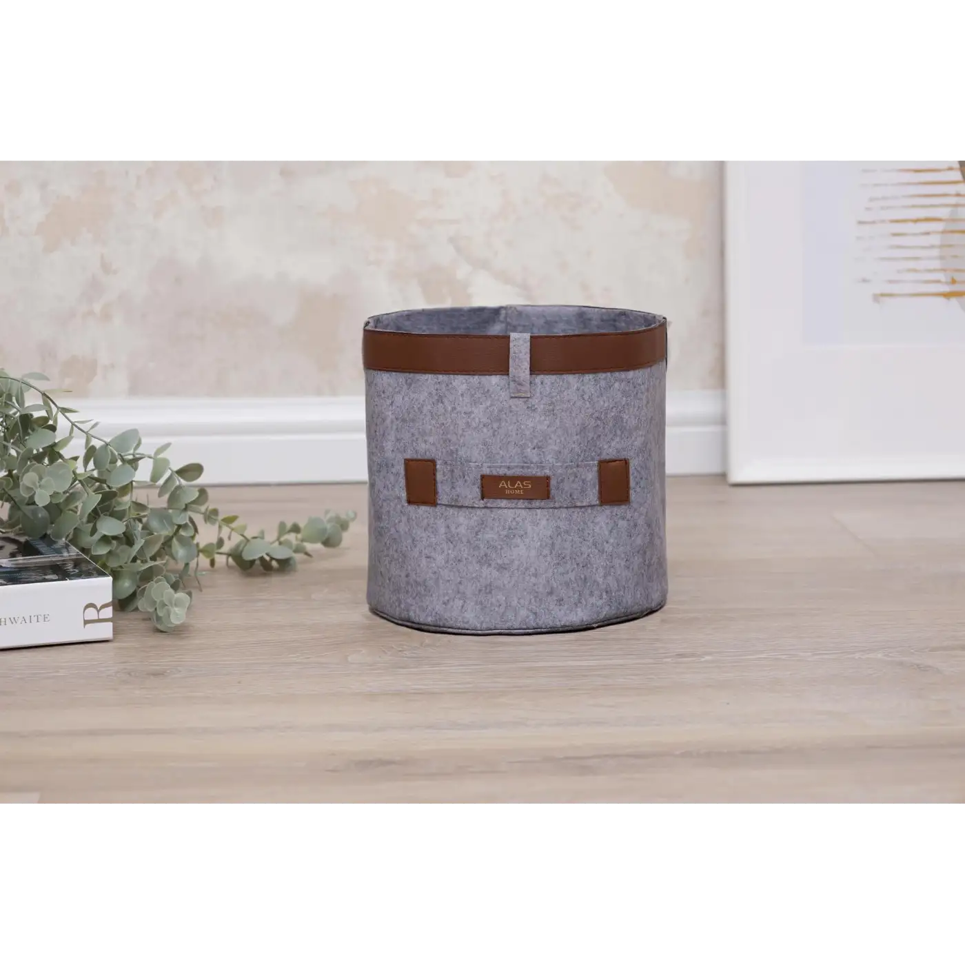 Deri Şeritli Yuvarlak Çok Amaçlı Düzenleyici Organizer Kutu Keçe Sepet (mini) 03822