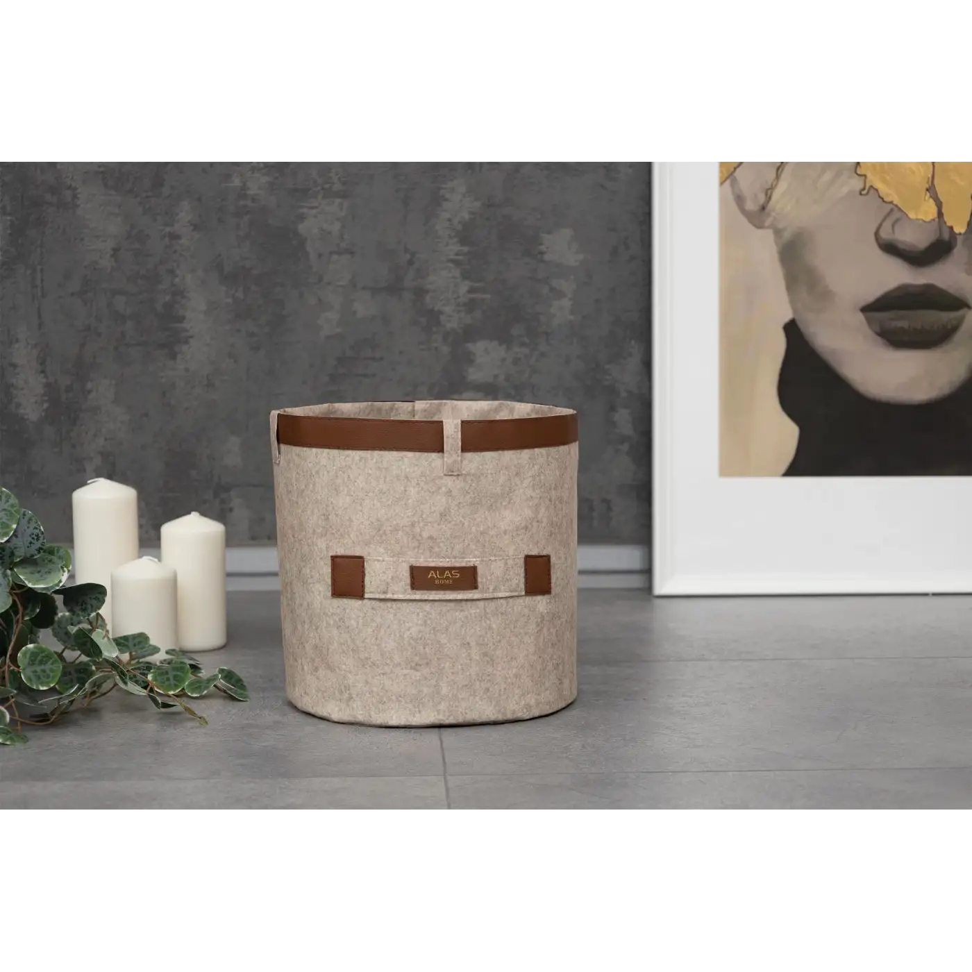 Deri Şeritli Yuvarlak Çok Amaçlı Düzenleyici Organizer Kutu Keçe Sepet (mini) 03822