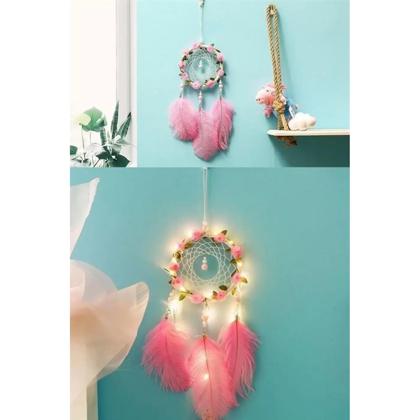 El Yapımı Kuş Tüyü Ve Led Işıklı Dekoratif Asma Düş Rüya Kapanı