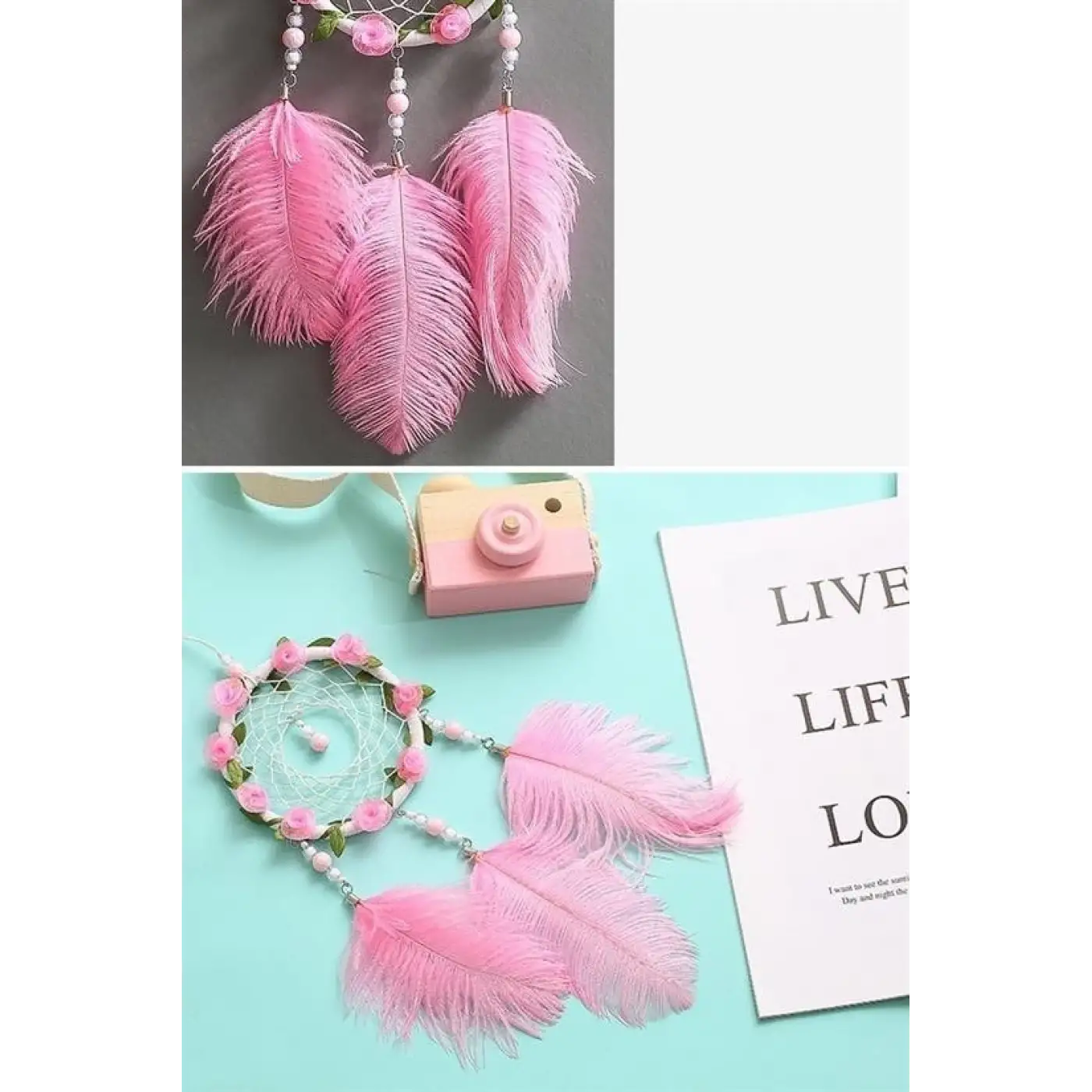 El Yapımı Kuş Tüyü Ve Led Işıklı Dekoratif Asma Düş Rüya Kapanı