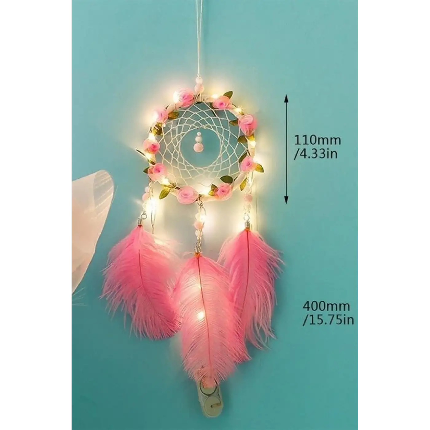El Yapımı Kuş Tüyü Ve Led Işıklı Dekoratif Asma Düş Rüya Kapanı