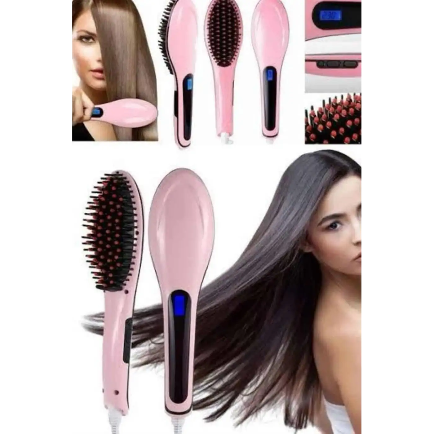 Elektrikli Saç Düzleştirici Tarak Saç Düzleştirici Fırça Sıkı Dişli Pembe