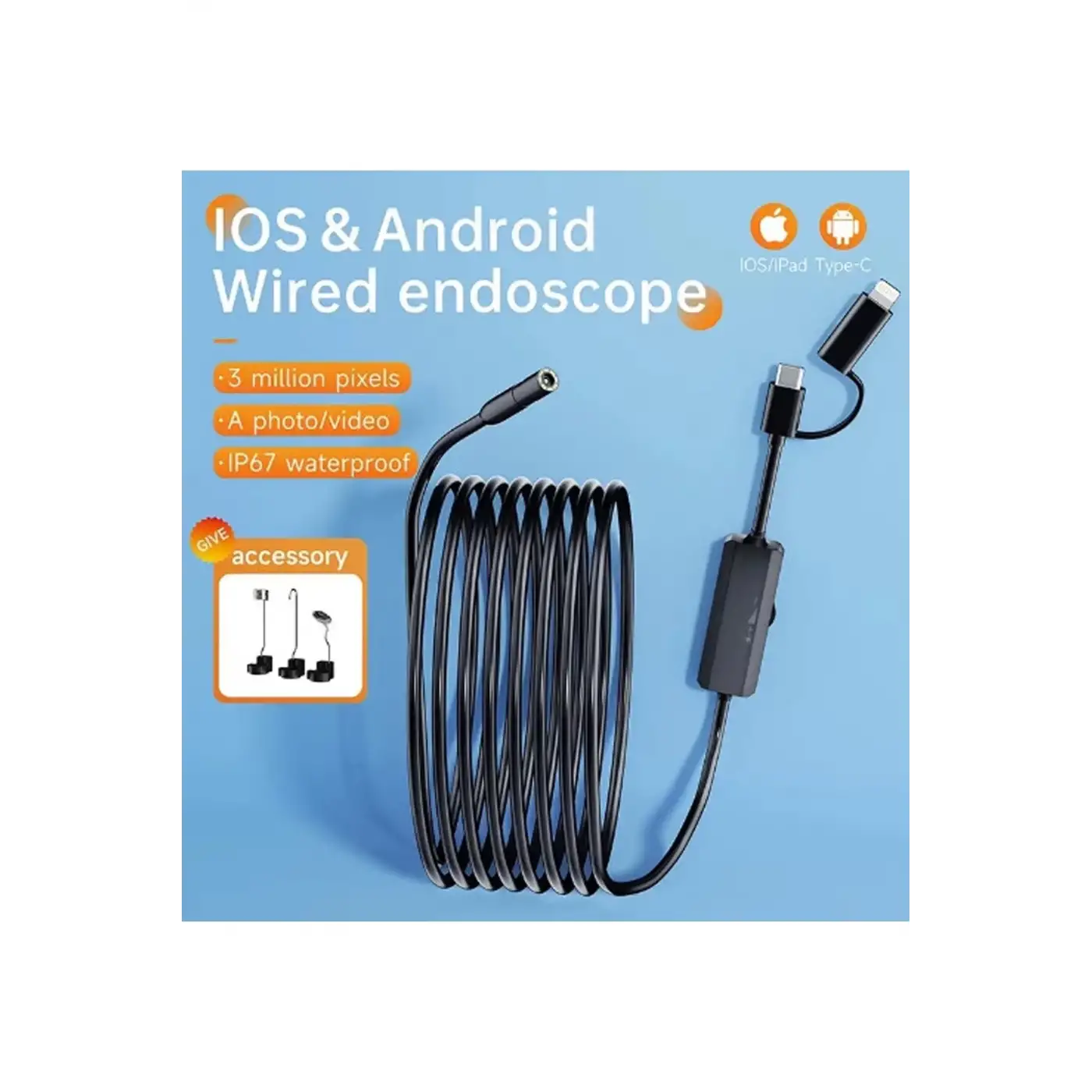 Endoskop Yılan Video Kamera Ios Ve Android Uyumlu Led’li 10 Metre 8 Mm Sert Kablo 2mp