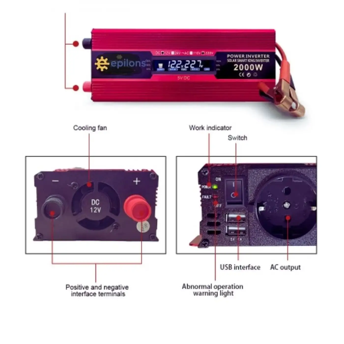 Epilons 12v 2000w Modifiye Sınus İnvertör 220v Dij Göstergeli Taşınabilir Güç Kaynağı