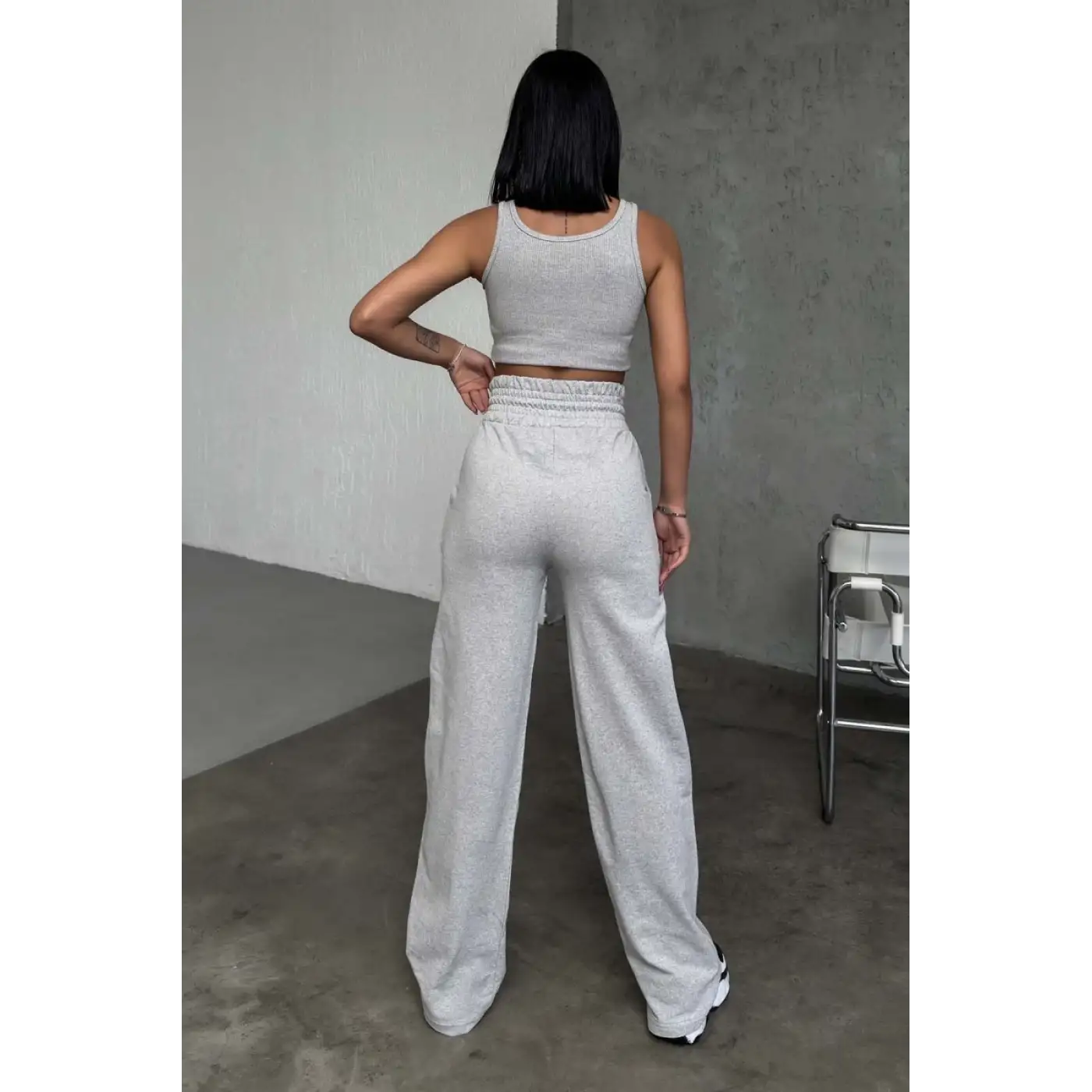 Şık Ve Rahat Yüksek Bel Bol Paça Gri Eşofman Altı