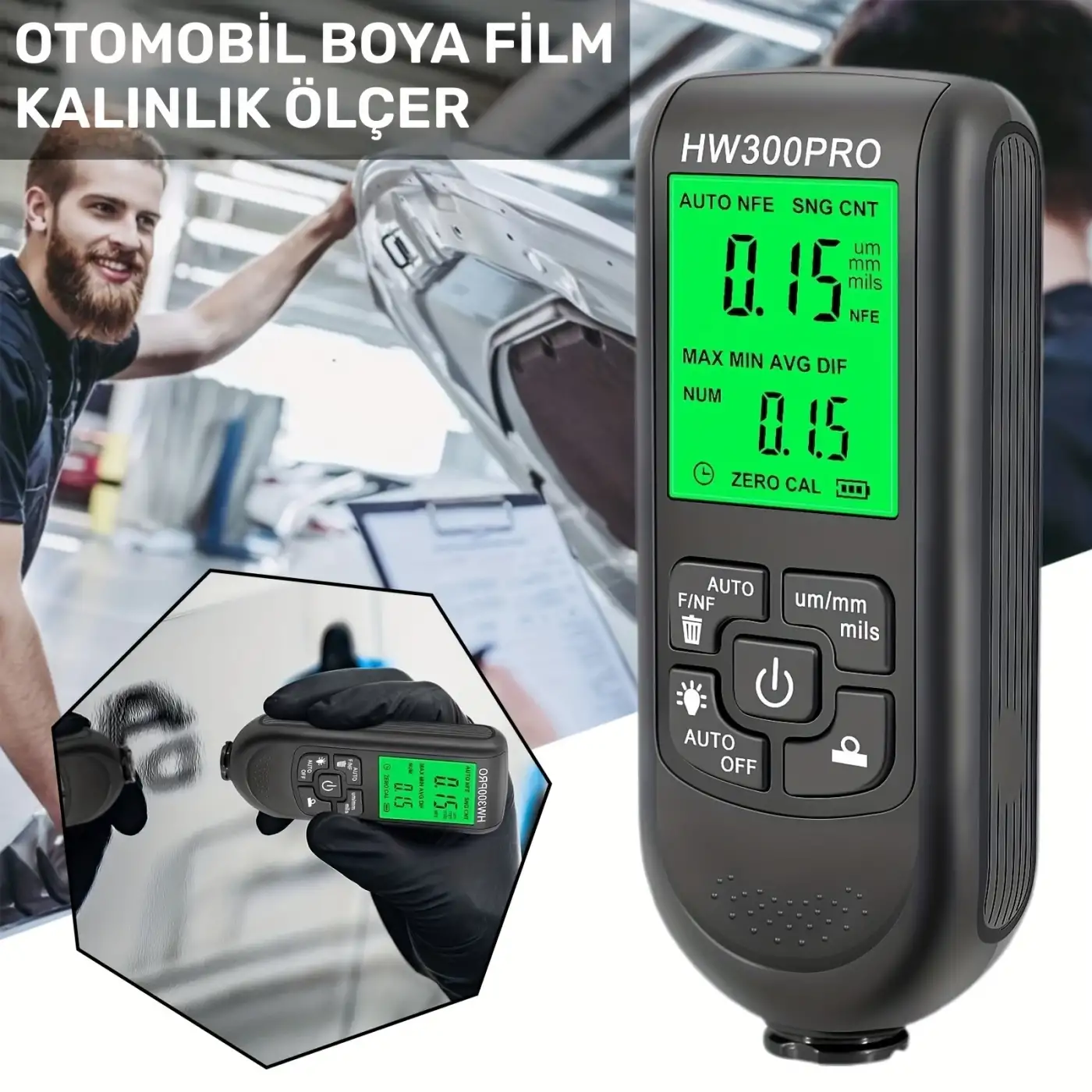 HW-300PRO Oto Boya Kalınlık Ölçer Fe NFe 2000µm + 2 Fonksiyonlu Bardak Tutucu Hediyeli