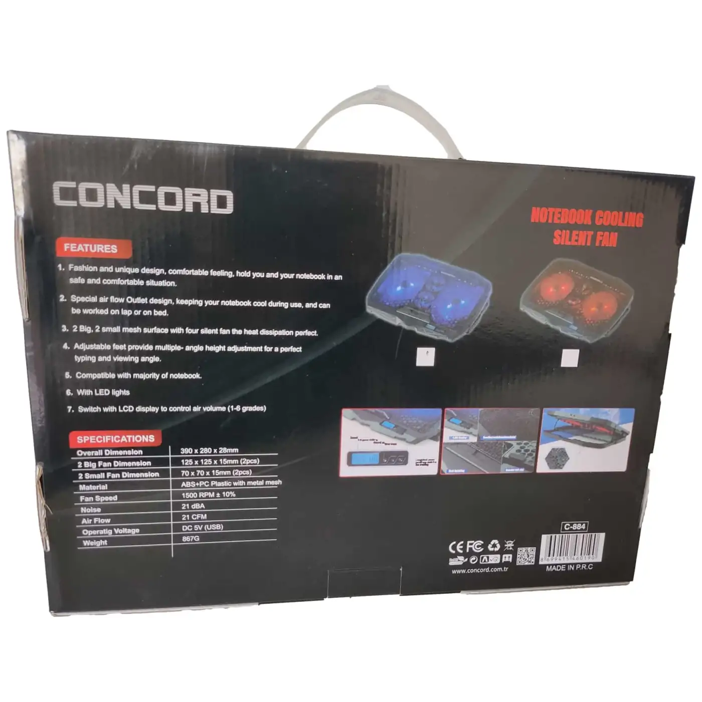 Işıklı Ledli Standlı 2 Fanlı Laptop Soğutucu Concord C-884