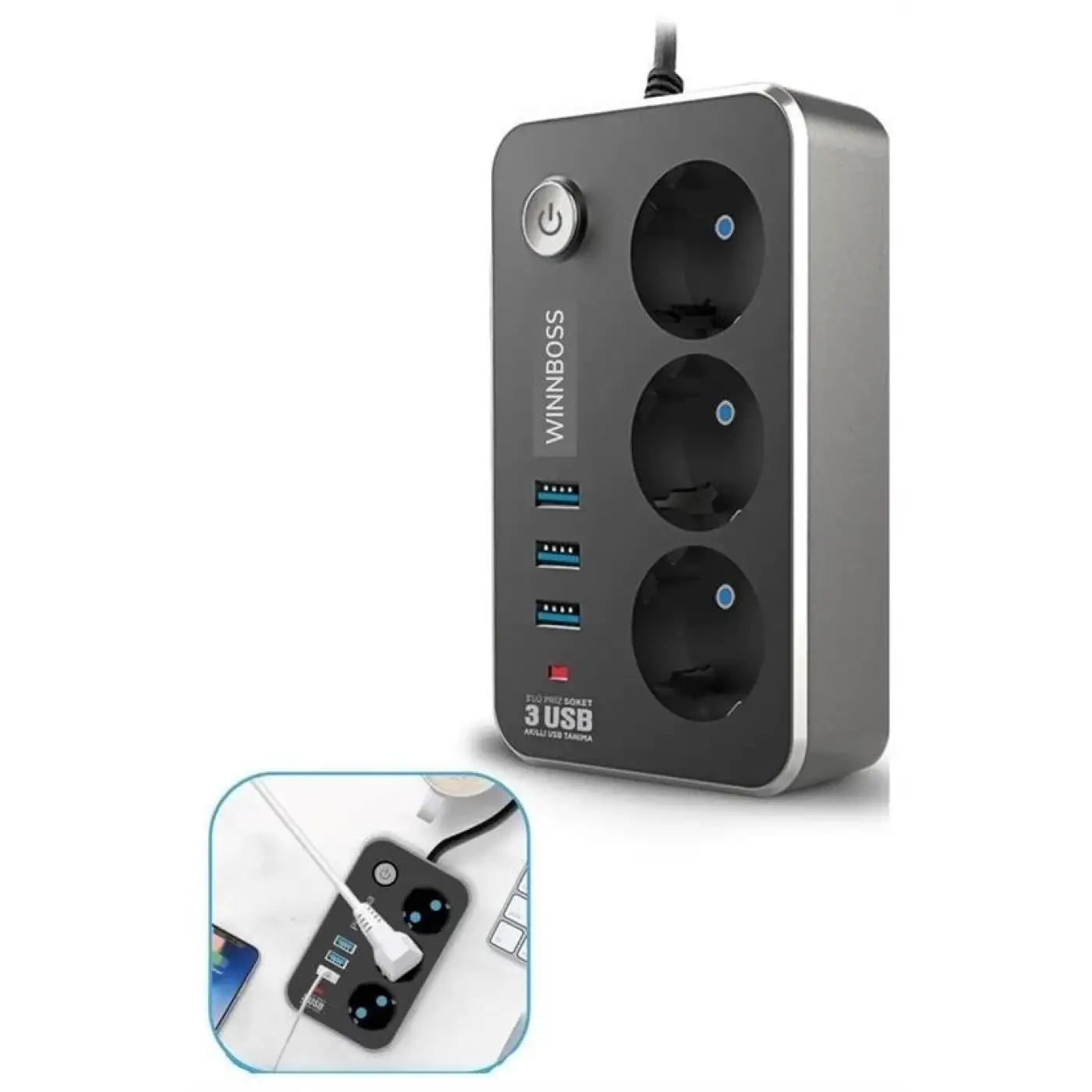 Isıya Dayanıklı Termal Akım Korumalı 2 Mt 10a 2500w 3lü Priz Ve 3 Usbi 21a Uzatma Kablosu