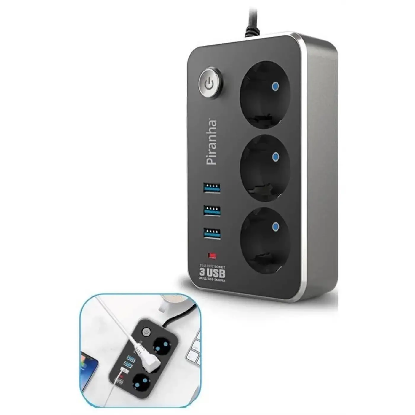 Isıya Dayanıklı Termal Akım Korumalı 2 Mt 10a 2500w 3lü Priz Ve 3 Usbi 21a Uzatma Kablosu