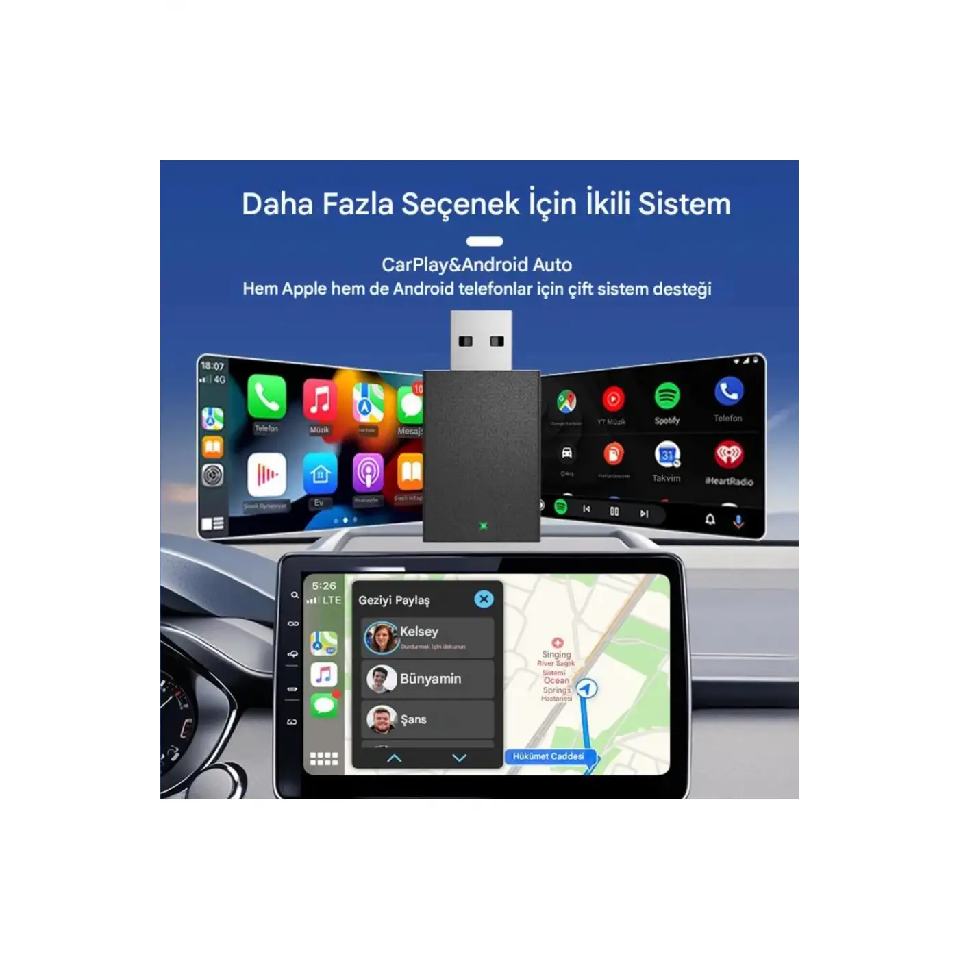 Kablosuz Android Auto/Car Play USB Dongle Cihazı