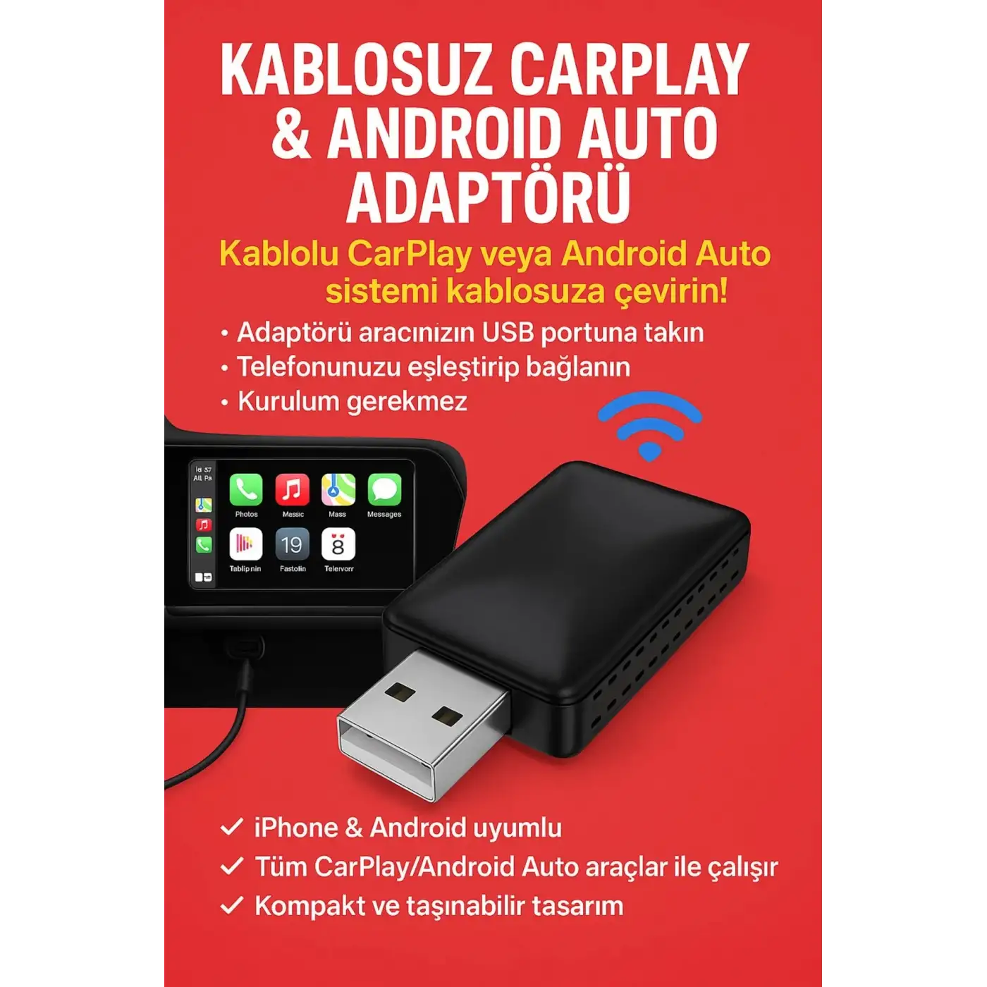 Kablosuz CarPlay & Android Auto Adaptörü - Apple ve Android Cihazlar İçin Evrensel Wireless Carplay Çevirici