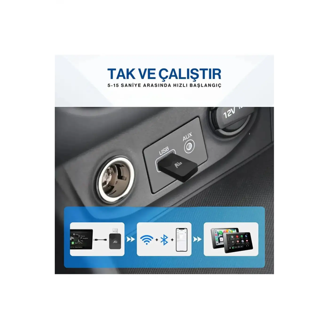 Kablosuz CarPlay & Android Auto Adaptörü - Apple ve Android Cihazlar İçin Evrensel Wireless Carplay Çevirici