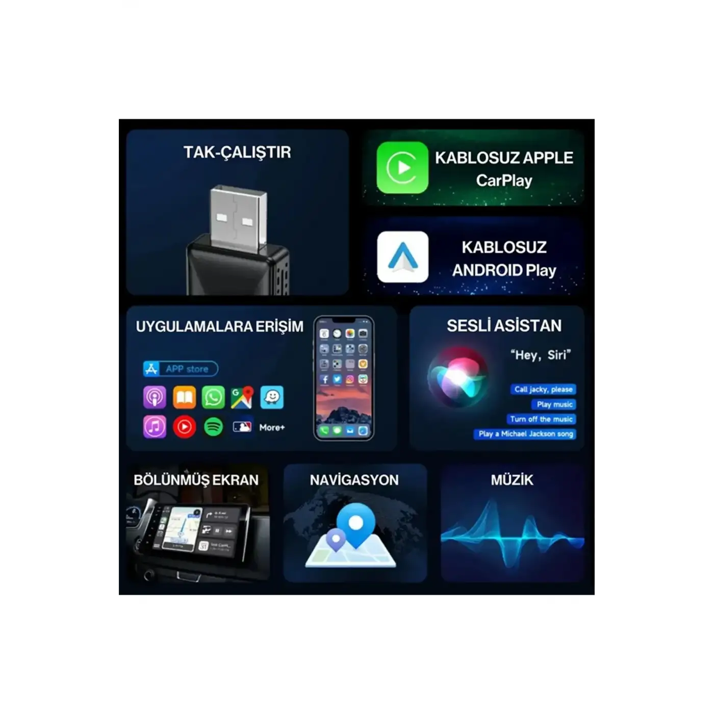 Kablosuz CarPlay & Android Auto Adaptörü - Apple ve Android Cihazlar İçin Evrensel Wireless Carplay Çevirici